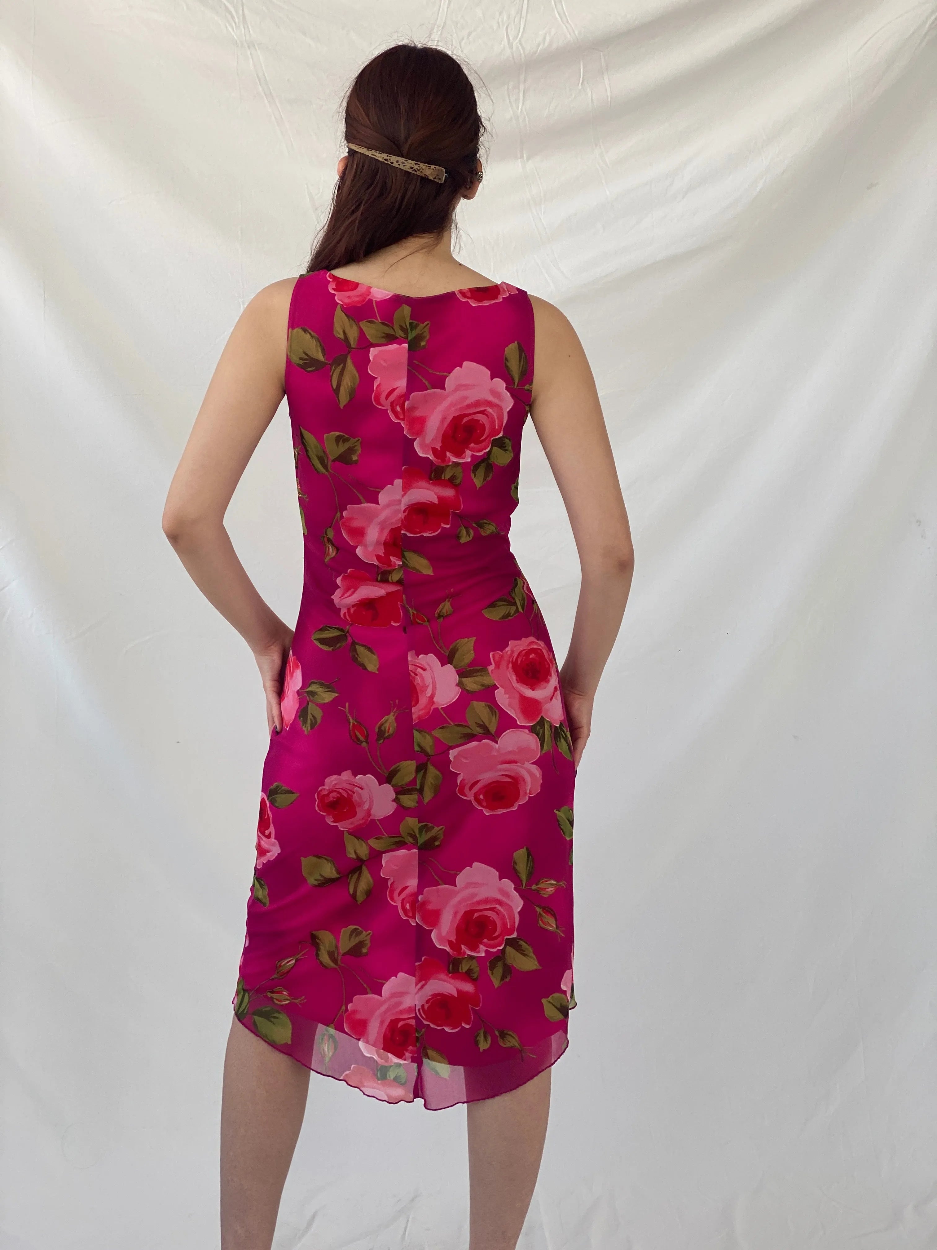 Vintage 90s Tropical Floral Midi Pink Sleeveless Dress - M - Balagan Vintage Midi Dress Ayah, dress, floral, floral dress, midi dress, NEW IN