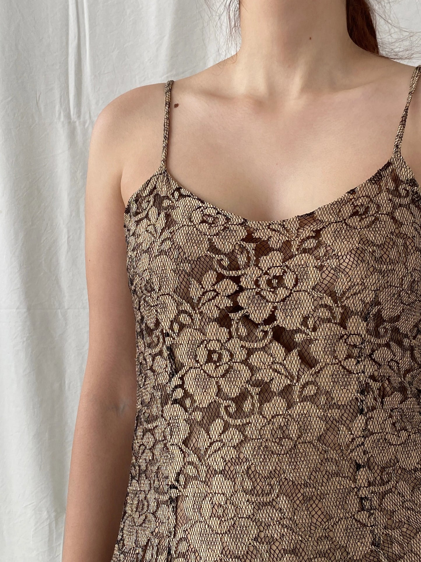 Vintage 90s Wallis Black Gold Lace Maxi Slip Dress with Back Slit - M - Balagan Vintage Maxi Dress Ayah, dress, floral, floral dress, maxi dress, Wedding Guest