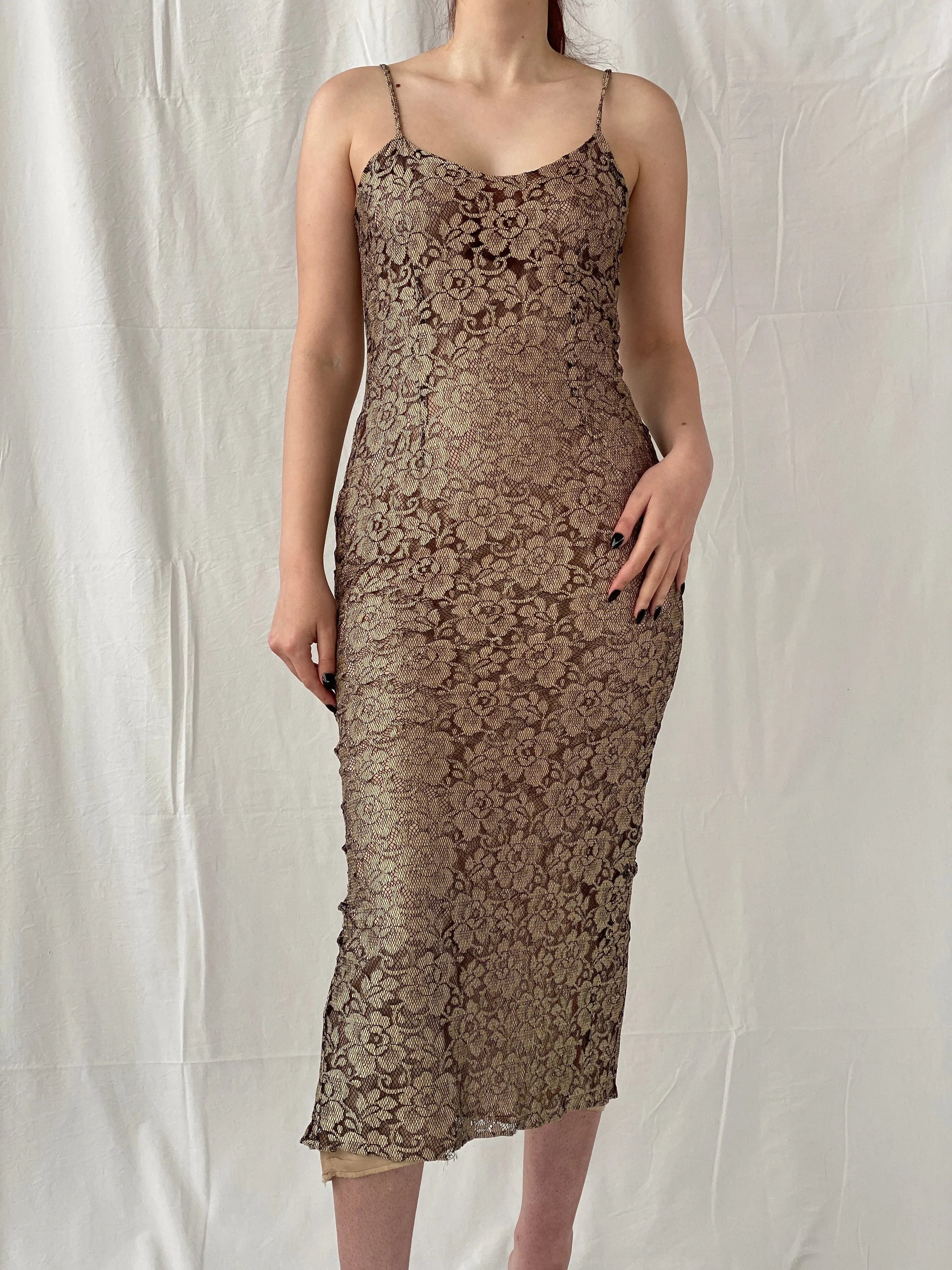 Vintage 90s Wallis Black Gold Lace Maxi Slip Dress with Back Slit - M - Balagan Vintage Maxi Dress Ayah, dress, floral, floral dress, maxi dress, Wedding Guest