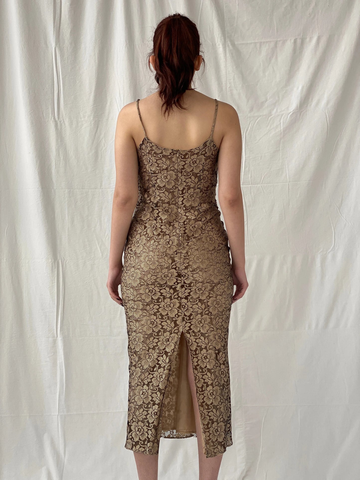 Vintage 90s Wallis Black Gold Lace Maxi Slip Dress with Back Slit - M - Balagan Vintage Maxi Dress Ayah, dress, floral, floral dress, maxi dress, Wedding Guest