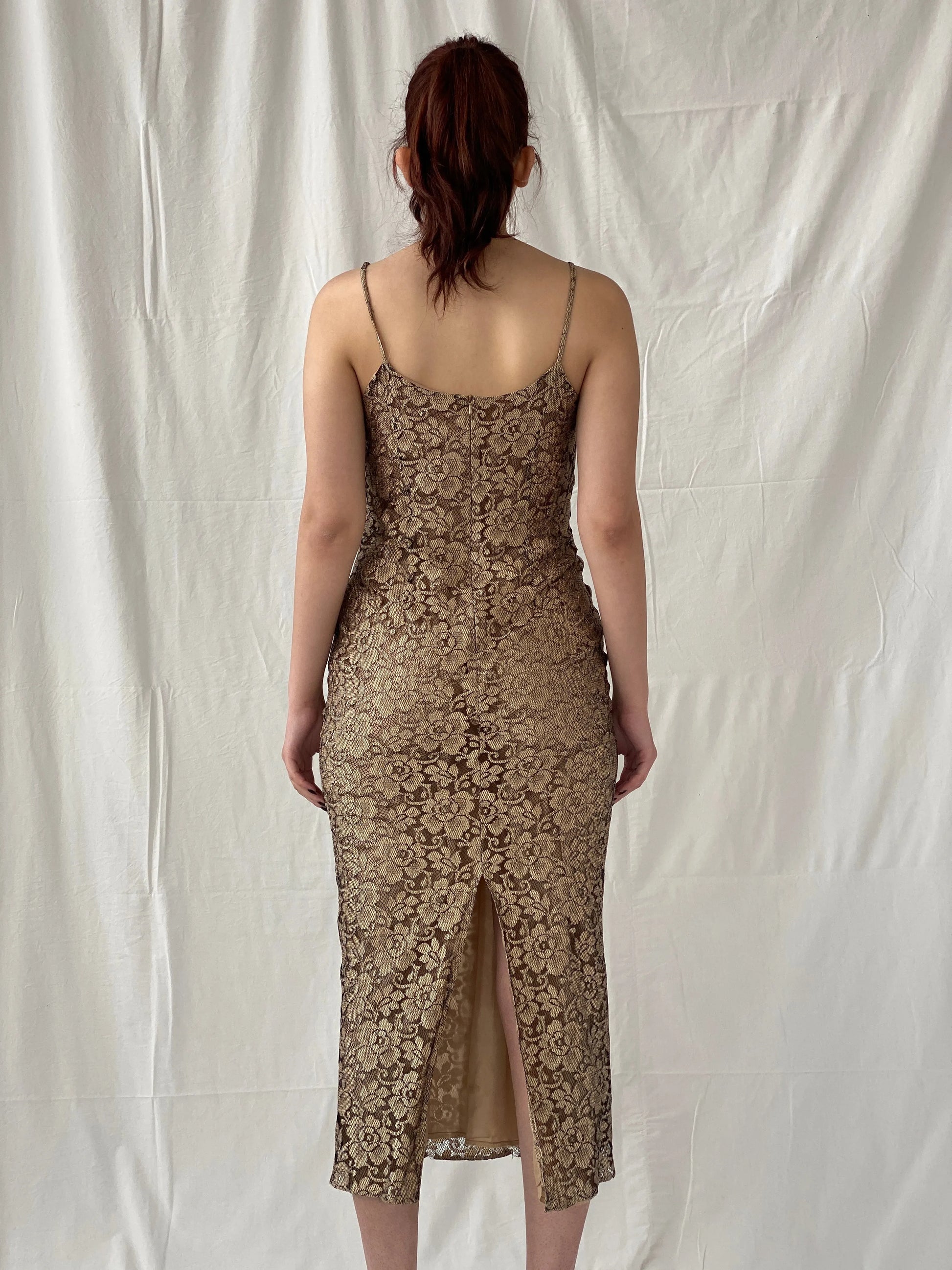 Vintage 90s Wallis Black Gold Lace Maxi Slip Dress with Back Slit - M - Balagan Vintage Maxi Dress Ayah, dress, floral, floral dress, maxi dress, Wedding Guest