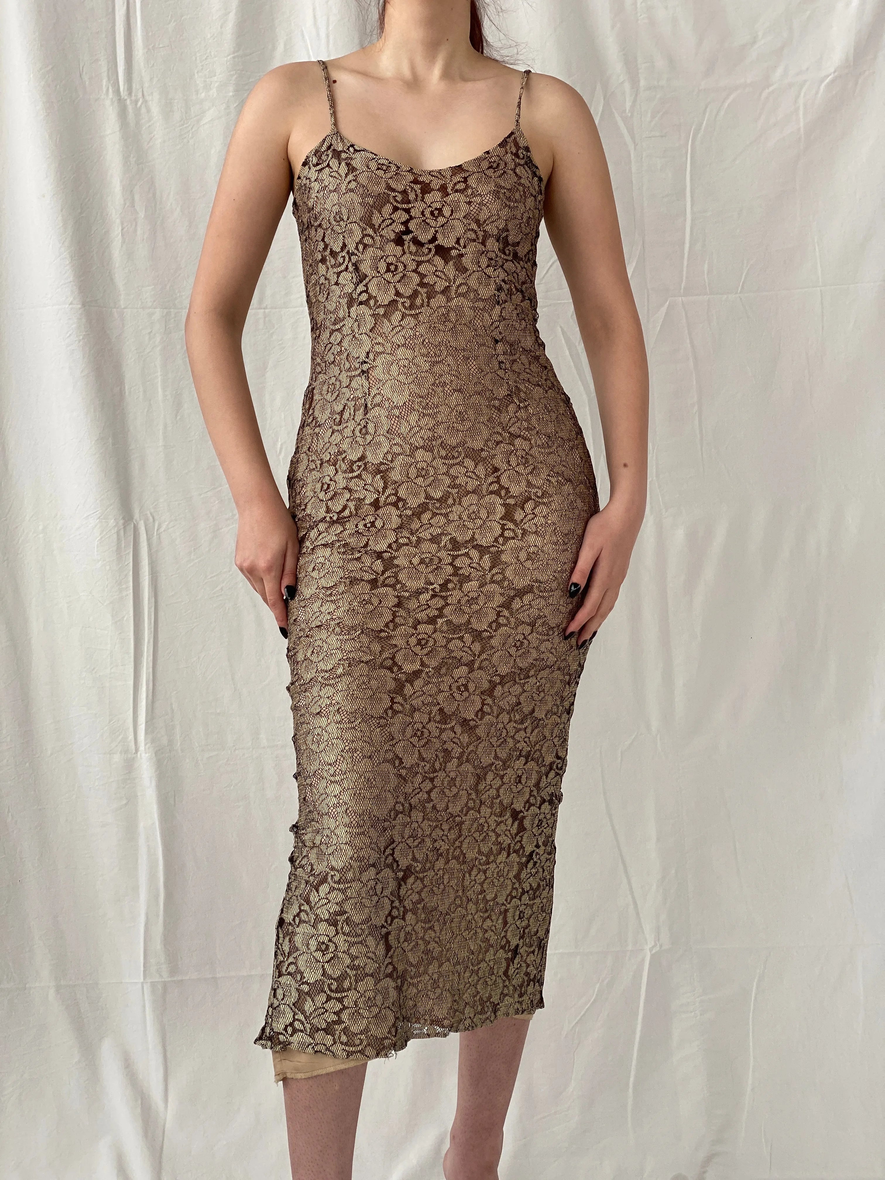 Vintage 90s Wallis Black Gold Lace Maxi Slip Dress with Back Slit - M - Balagan Vintage Maxi Dress Ayah, dress, floral, floral dress, maxi dress, Wedding Guest
