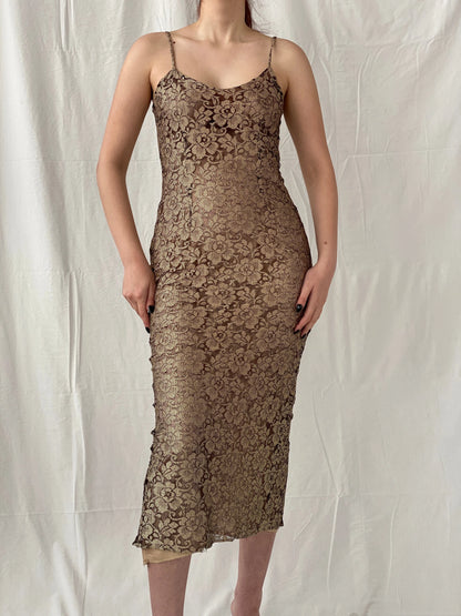 Vintage 90s Wallis Black Gold Lace Maxi Slip Dress with Back Slit - M - Balagan Vintage Maxi Dress Ayah, dress, floral, floral dress, maxi dress, Wedding Guest