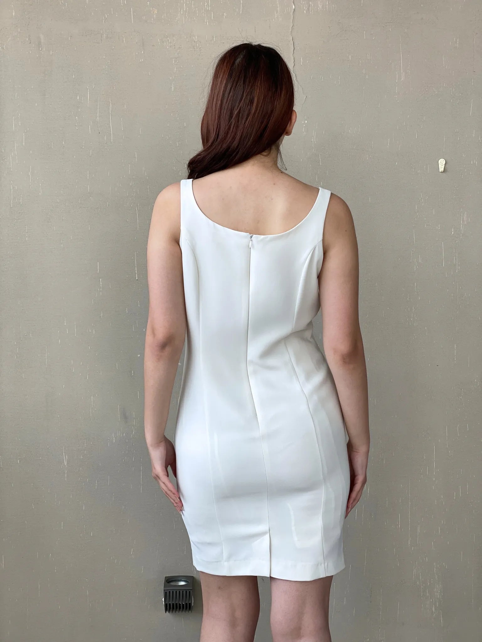 Vintage 90s Wallis White Sleeveless Fitted Midi Dress with Beading - M - Balagan Vintage Midi Dress 90s, 90s dress, Ayah, consignment, dress, Janan, Wedding Guest