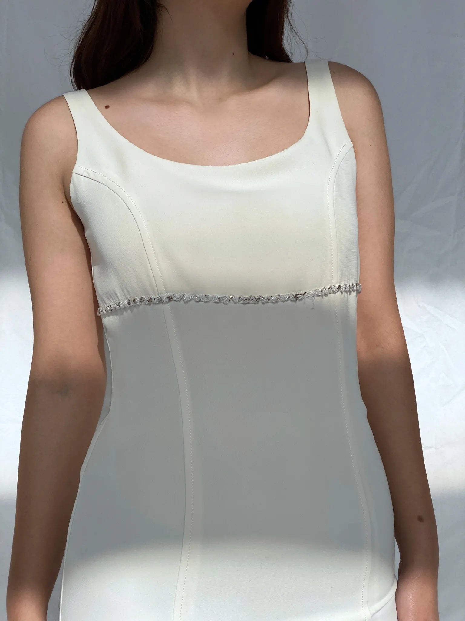 Vintage 90s Wallis White Sleeveless Fitted Midi Dress with Beading - M - Balagan Vintage Midi Dress 90s, 90s dress, Ayah, consignment, dress, Janan, Wedding Guest
