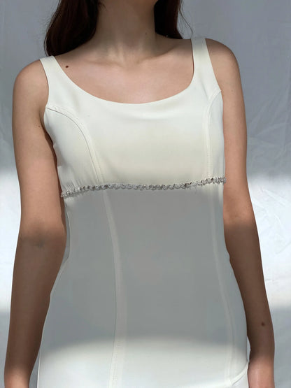 Vintage 90s Wallis White Sleeveless Fitted Midi Dress with Beading - M - Balagan Vintage Midi Dress 90s, 90s dress, Ayah, consignment, dress, Janan, Wedding Guest