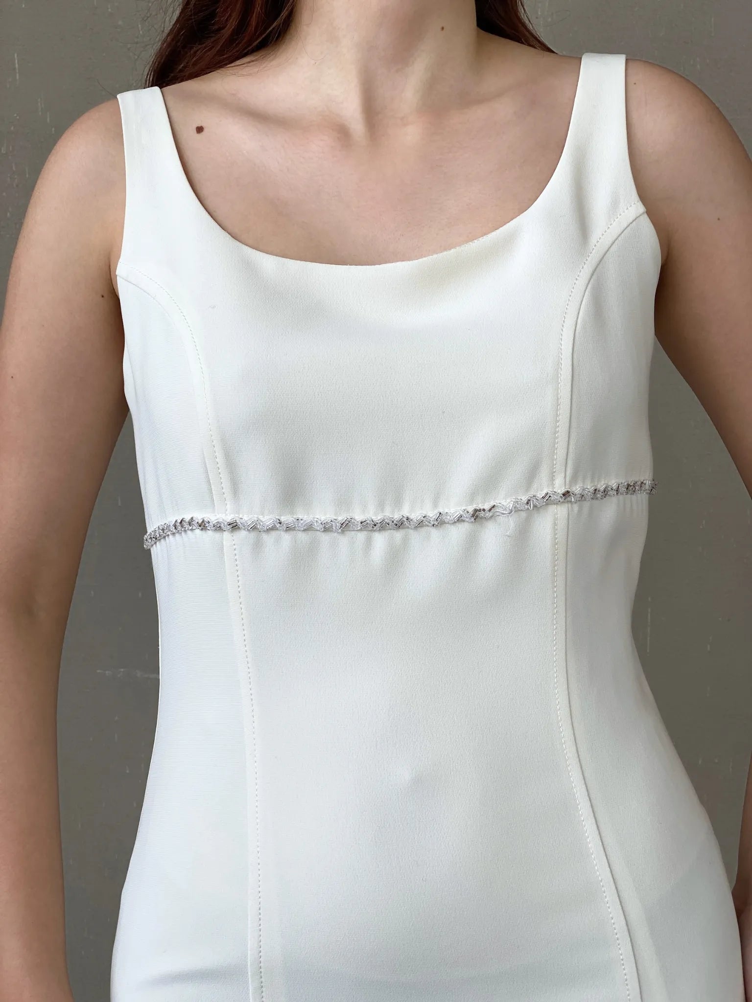 Vintage 90s Wallis White Sleeveless Fitted Midi Dress with Beading - M - Balagan Vintage Midi Dress 90s, 90s dress, Ayah, consignment, dress, Janan, Wedding Guest