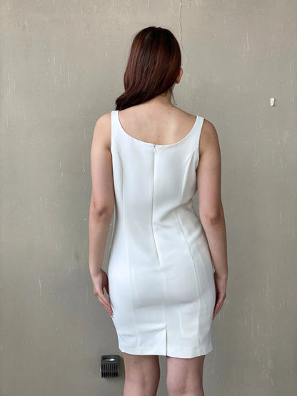 Vintage 90s Wallis White Sleeveless Fitted Midi Dress with Beading - M - Balagan Vintage Midi Dress 90s, 90s dress, Ayah, consignment, dress, Janan, Wedding Guest