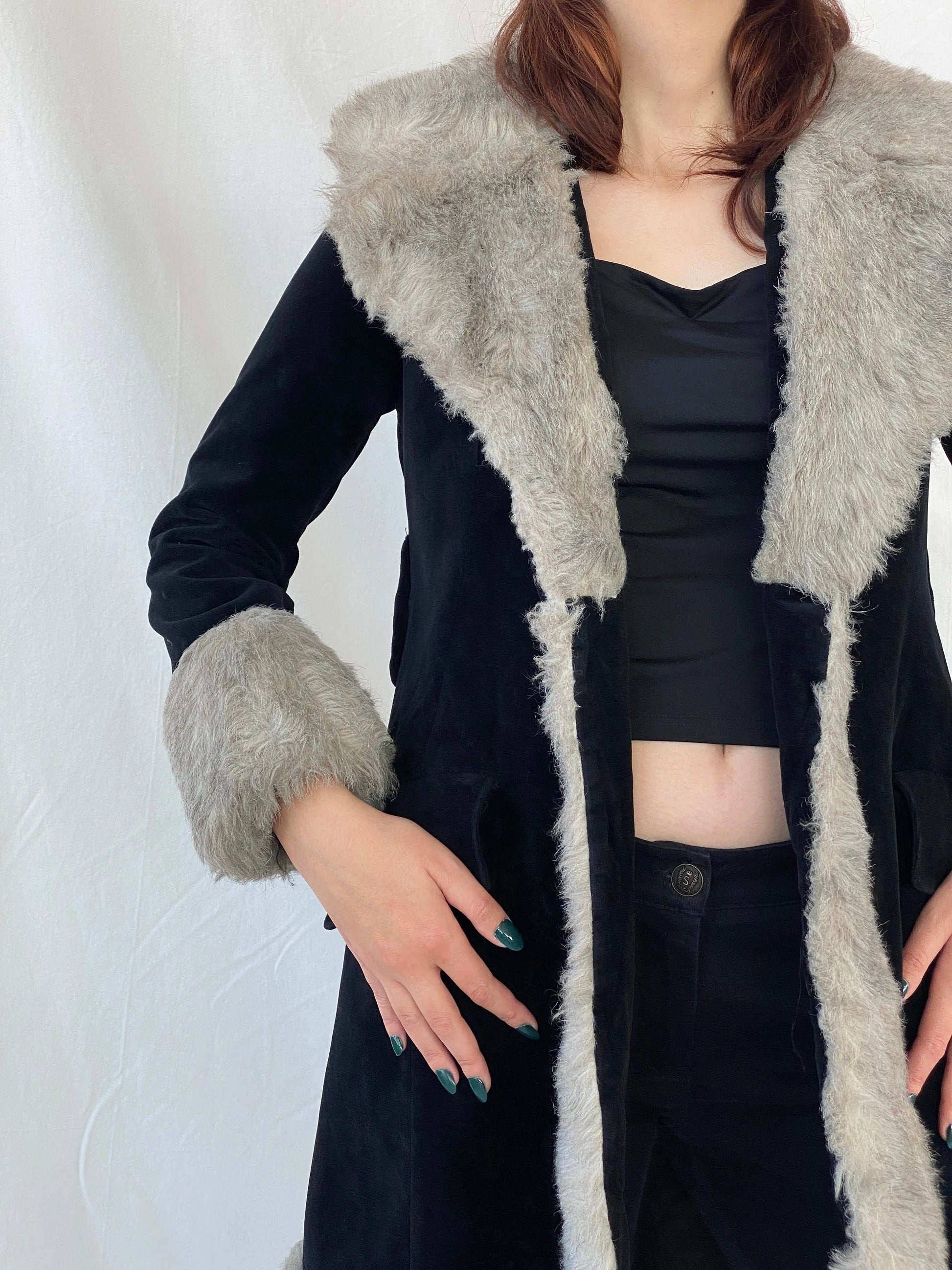 Vintage 90s Wild Rose Penny Lane Black Faux Grey Fur Afghan Style Coat - M - Balagan Vintage Coat 00s, Afghan style, Ayah, coat, Coats&Jackets, consignment, Janan, vintage coat, winter, Women's Coats