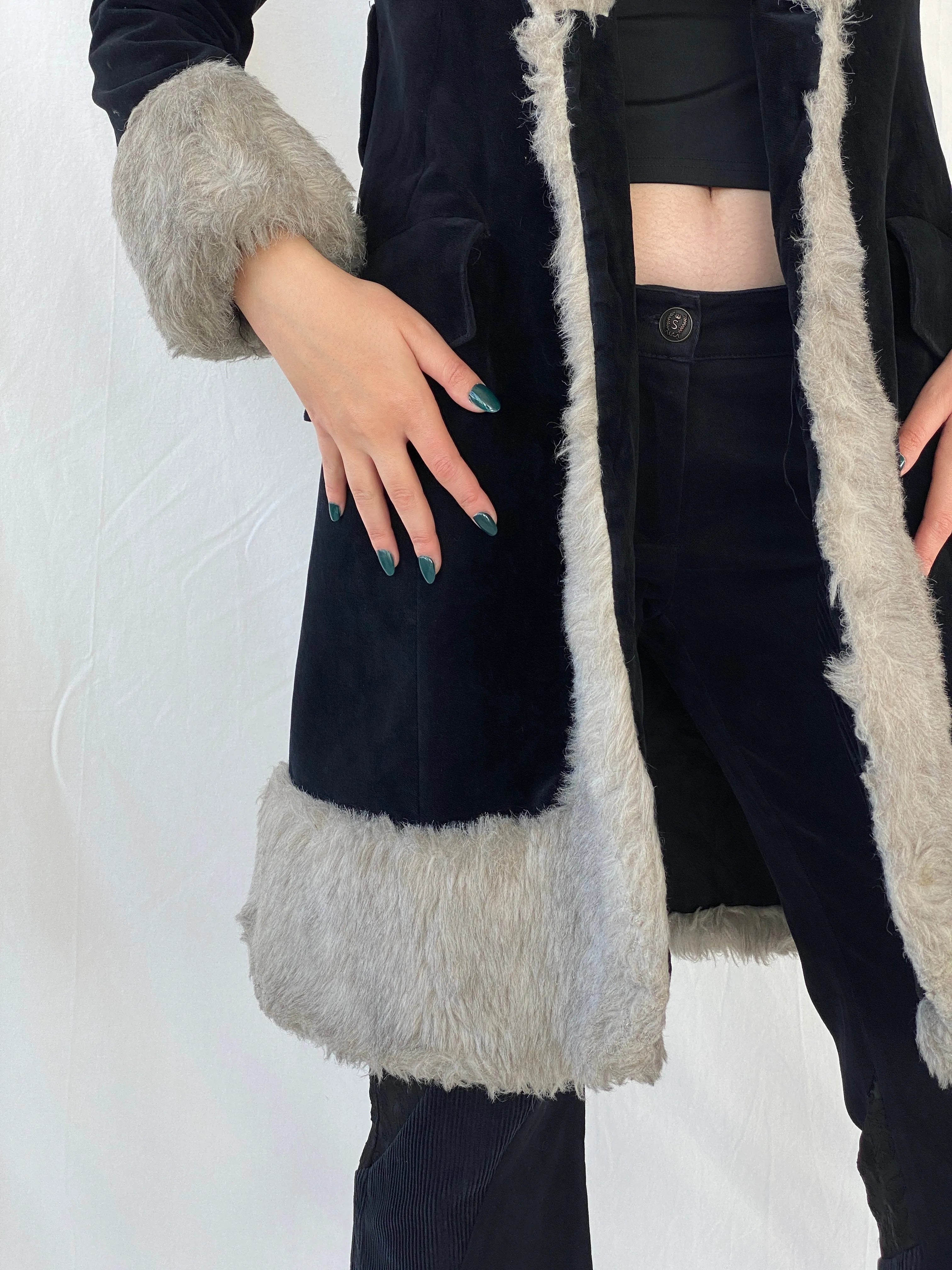 Vintage 90s Wild Rose Penny Lane Black Faux Grey Fur Afghan Style Coat - M - Balagan Vintage Coat 00s, Afghan style, Ayah, coat, consignment, Janan, vintage coat, winter