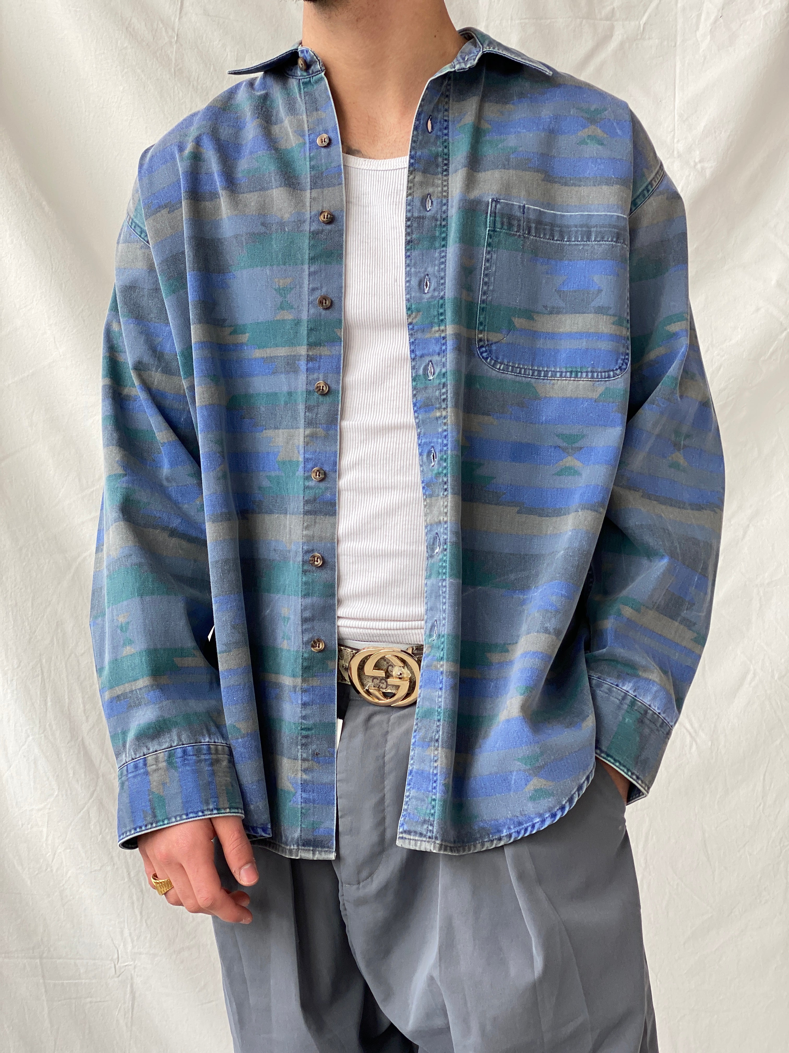 Vintage 90s Woolrich Men’s Long Sleeve Blue Cotton Button Down Shirt - L - Balagan Vintage Full Sleeve Shirt cotton shirt, cowboy, full sleeve shirt, Hamza, NEW IN, printed shirt, shirt