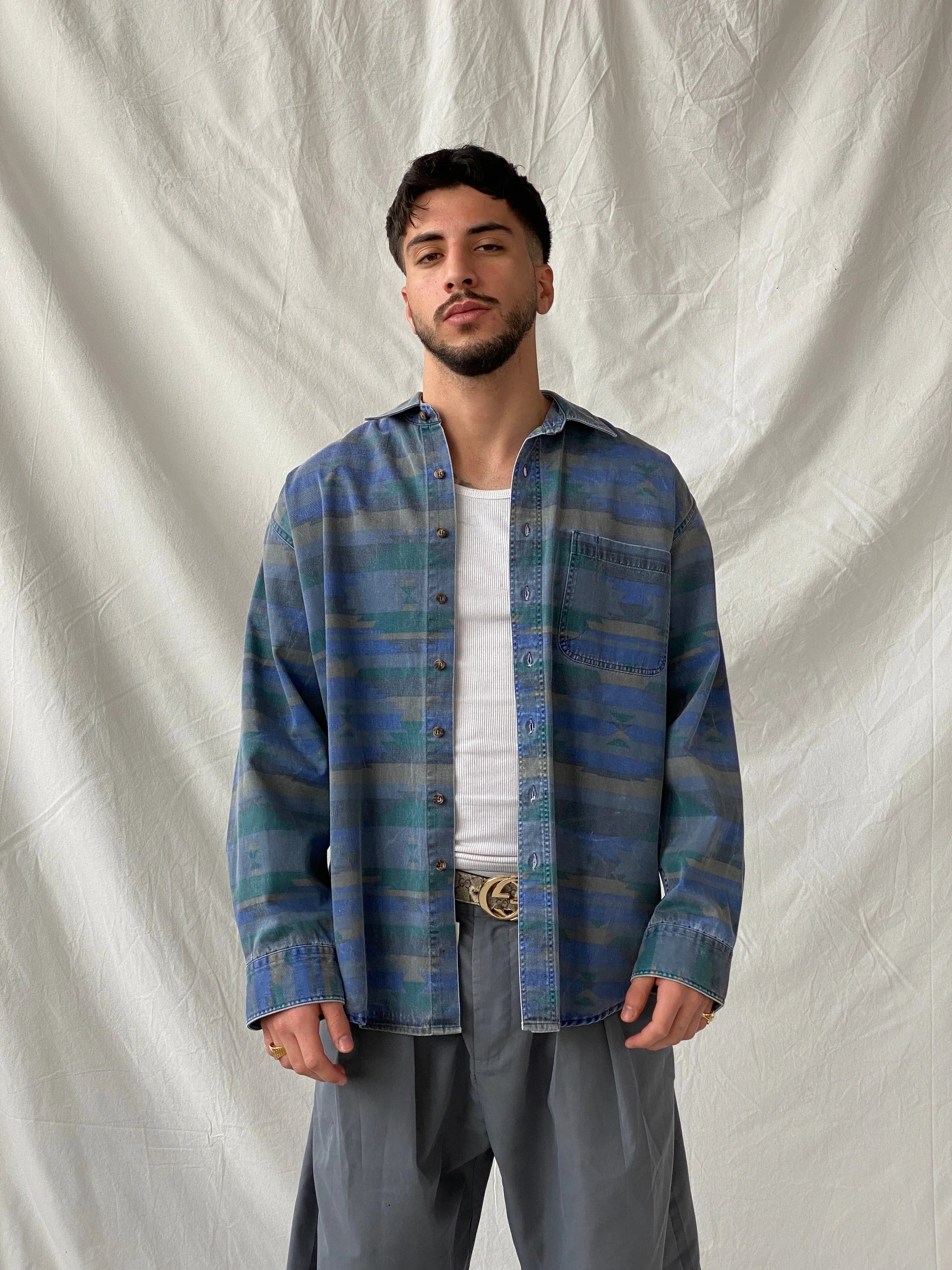 Vintage 90s Woolrich Men’s Long Sleeve Blue Cotton Button Down Shirt - L - Balagan Vintage Full Sleeve Shirt cotton shirt, cowboy, full sleeve shirt, Hamza, printed shirt, shirt