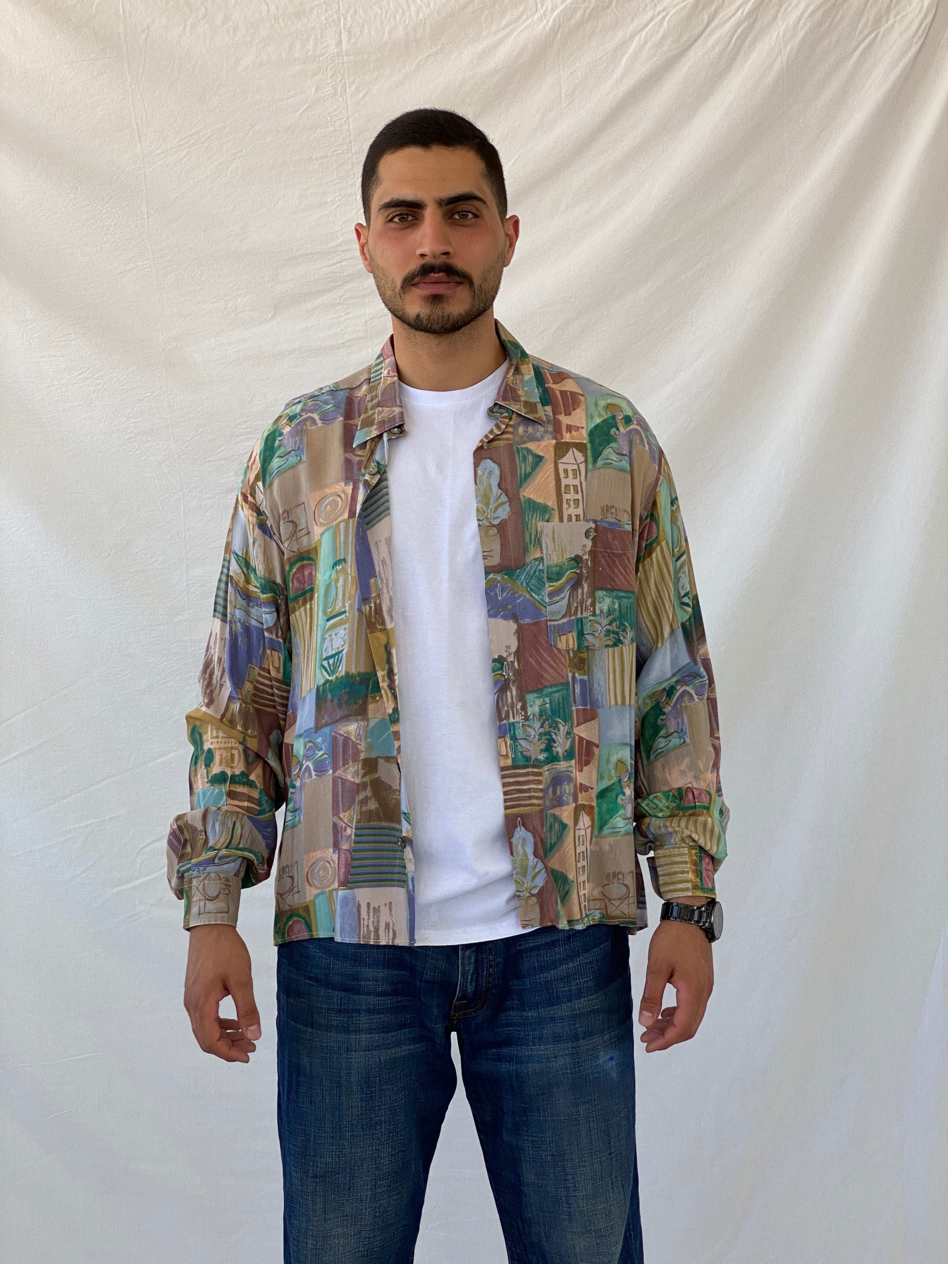 Vintage 90s Zazzi Men’s Button Up Printed Shirt - XL - Balagan Vintage Full sleeve Shirt 90s, full sleeve shirt, mens shirt, printed shirt, Ramez