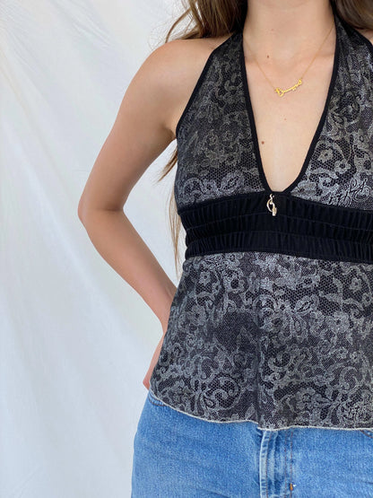 Vintage 90s/00s Baby Phat Black and Silver Floral Halter Top - M - Balagan Vintage Halter Top 00s, 90s, halter top, Mira, shimmer