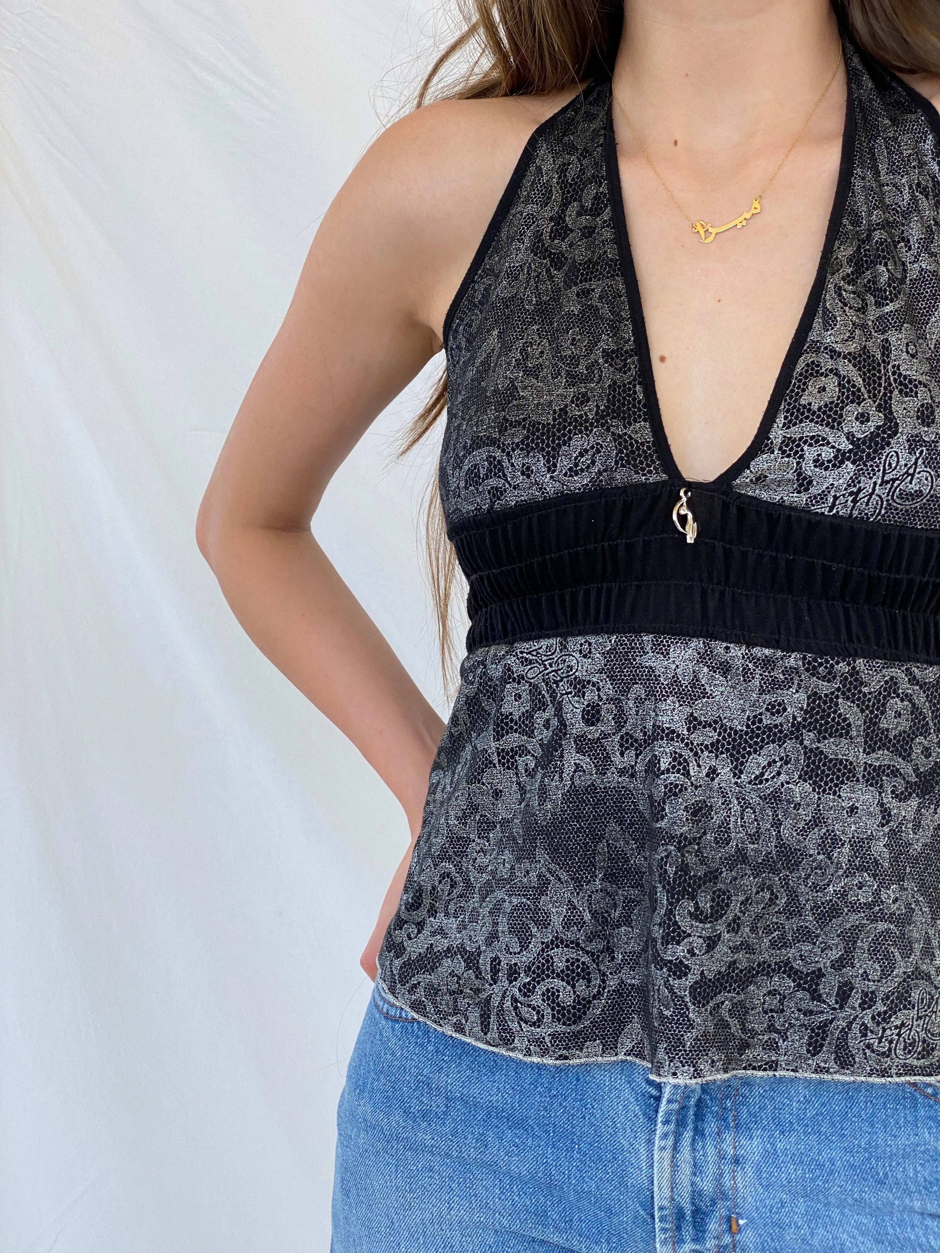Vintage 90s/00s Baby Phat Black and Silver Floral Halter Top - M - Balagan Vintage Halter Top 00s, 90s, halter top, Mira, shimmer