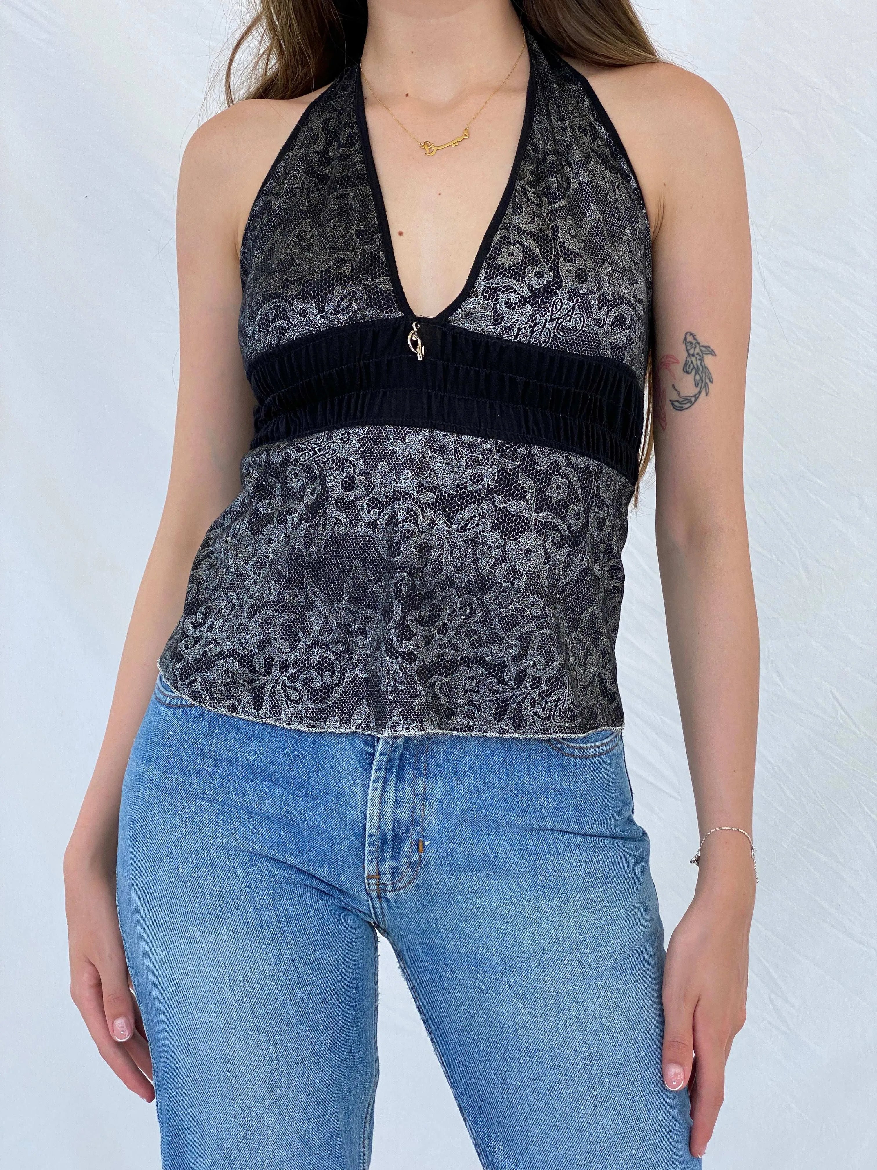 Vintage 90s/00s Baby Phat Black and Silver Floral Halter Top - M - Balagan Vintage Halter Top 00s, 90s, halter top, Mira, shimmer