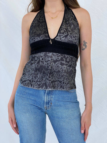 Vintage 90s/00s Baby Phat Black and Silver Floral Halter Top - M - Balagan Vintage Halter Top 00s, 90s, halter top, Mira, shimmer