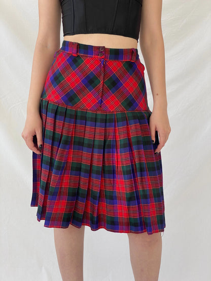 Vintage ABONE Giyim Plaid Pleated Red Wool Blend Midi Drop Waist Skirt - M - Balagan Vintage Midi Skirt Ayah, midi skirt, plaid, plaid skirt, striped, winter