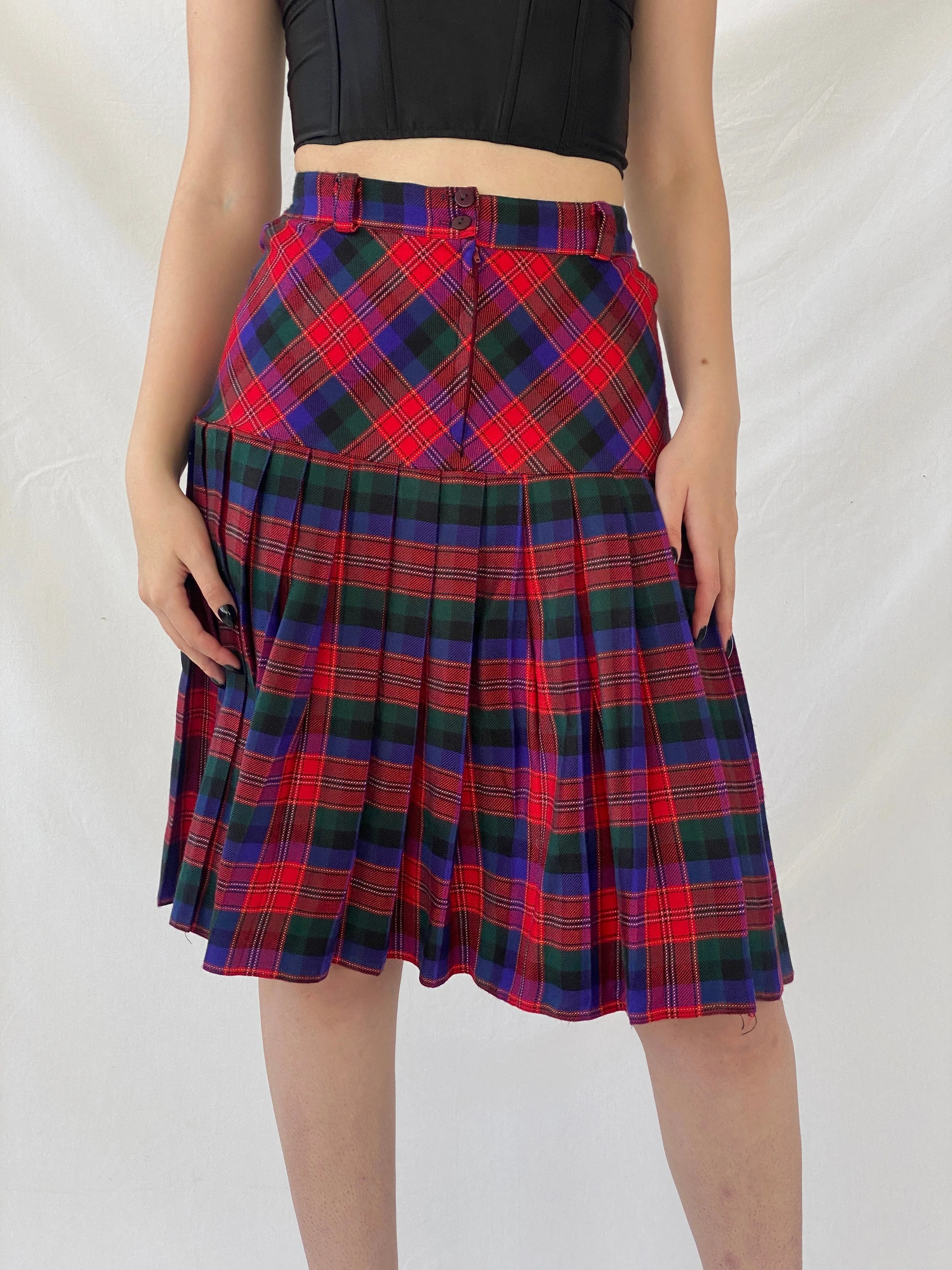 Vintage ABONE Giyim Plaid Pleated Red Wool Blend Midi Drop Waist Skirt - M - Balagan Vintage Midi Skirt Ayah, midi skirt, NEW IN, plaid, plaid skirt, striped, winter
