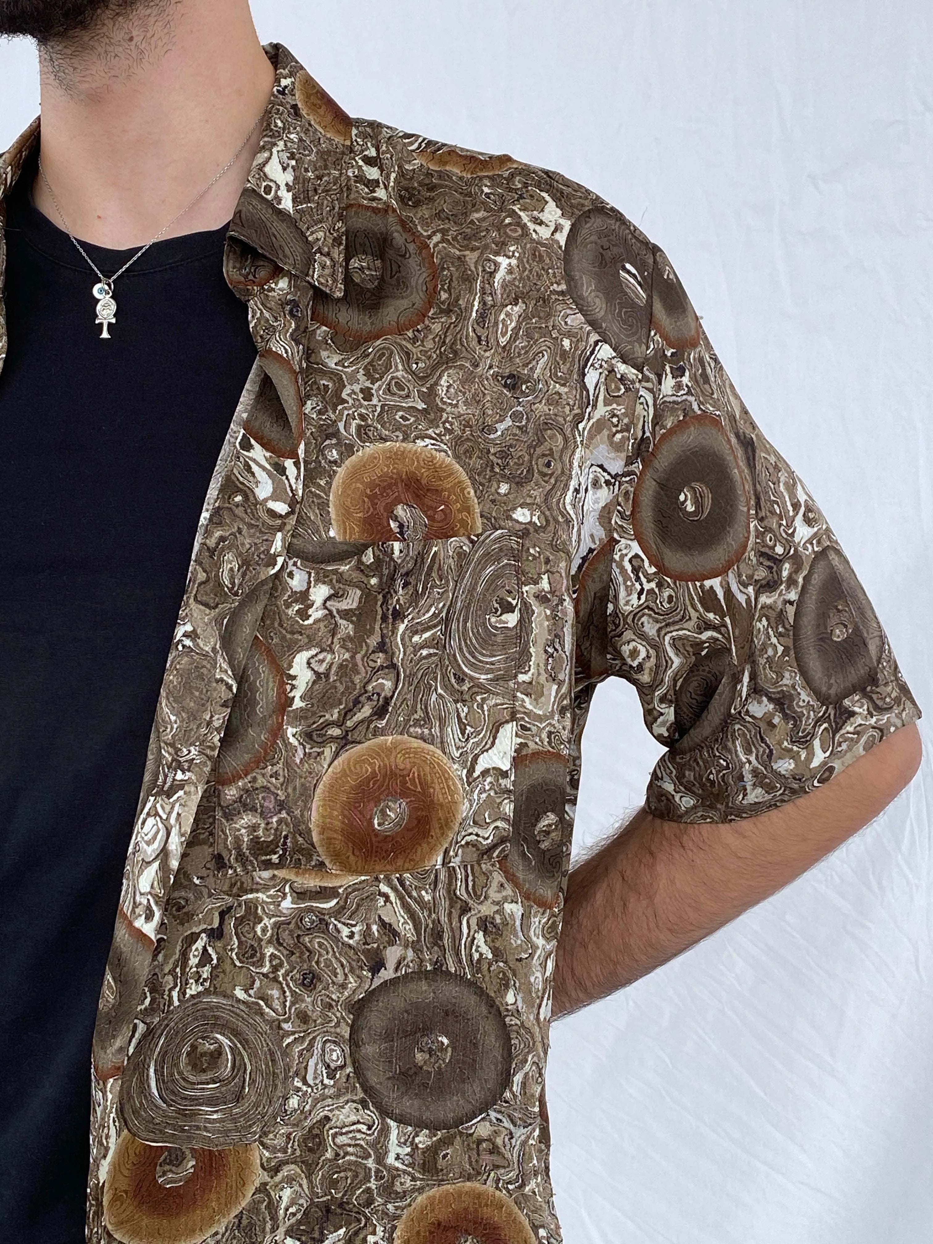 Vintage Alan Stuart Brown Swirly Silk Shirt Size L - Balagan Vintage Half Sleeve Shirt 90s, Awsam, half sleeve shirt, mens shirt, printed shirt, printed silk shirt, silk shirt