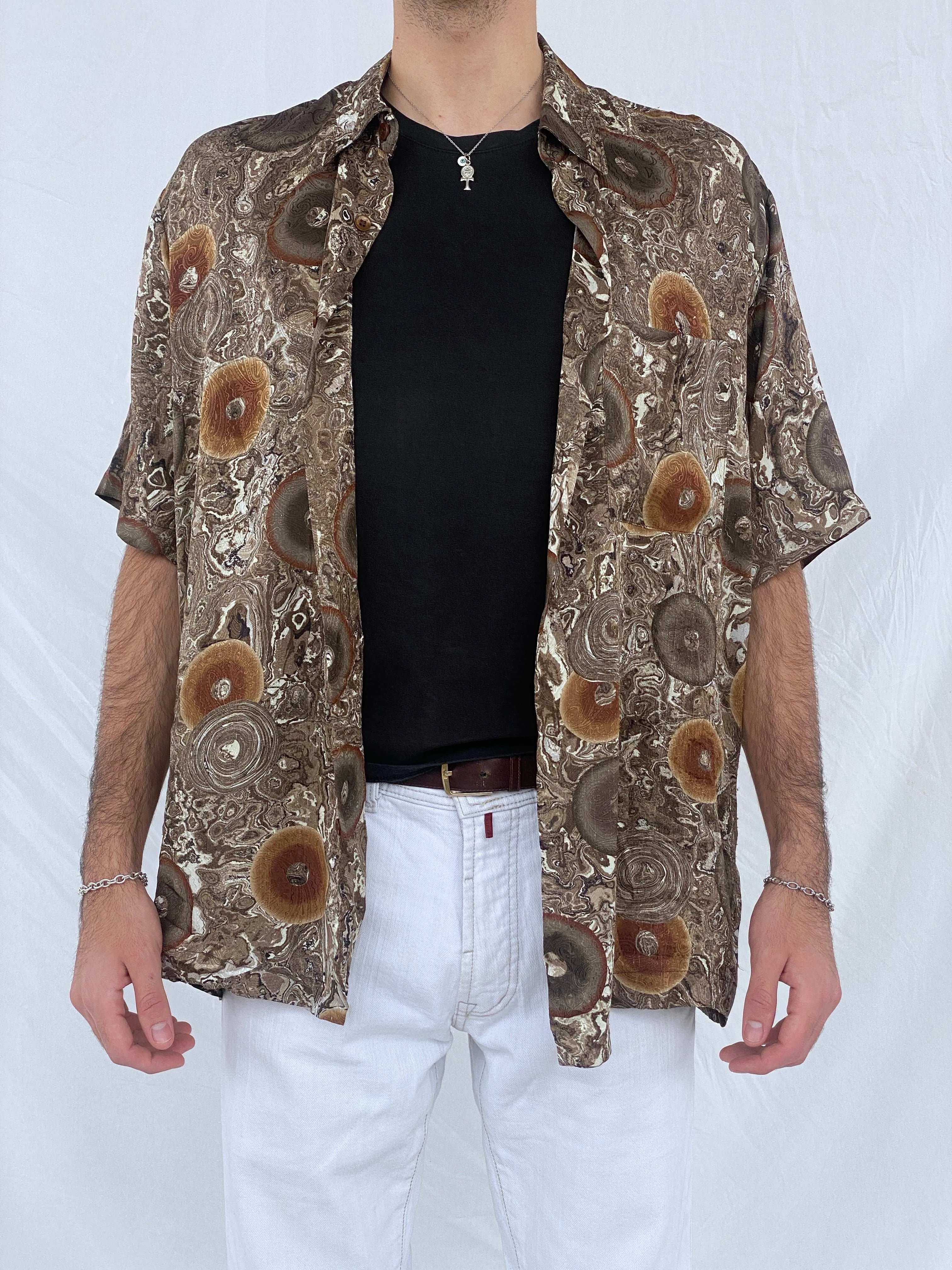 Vintage Alan Stuart Brown Swirly Silk Shirt Size L - Balagan Vintage Half Sleeve Shirt 90s, Awsam, half sleeve shirt, mens shirt, printed shirt, printed silk shirt, silk shirt