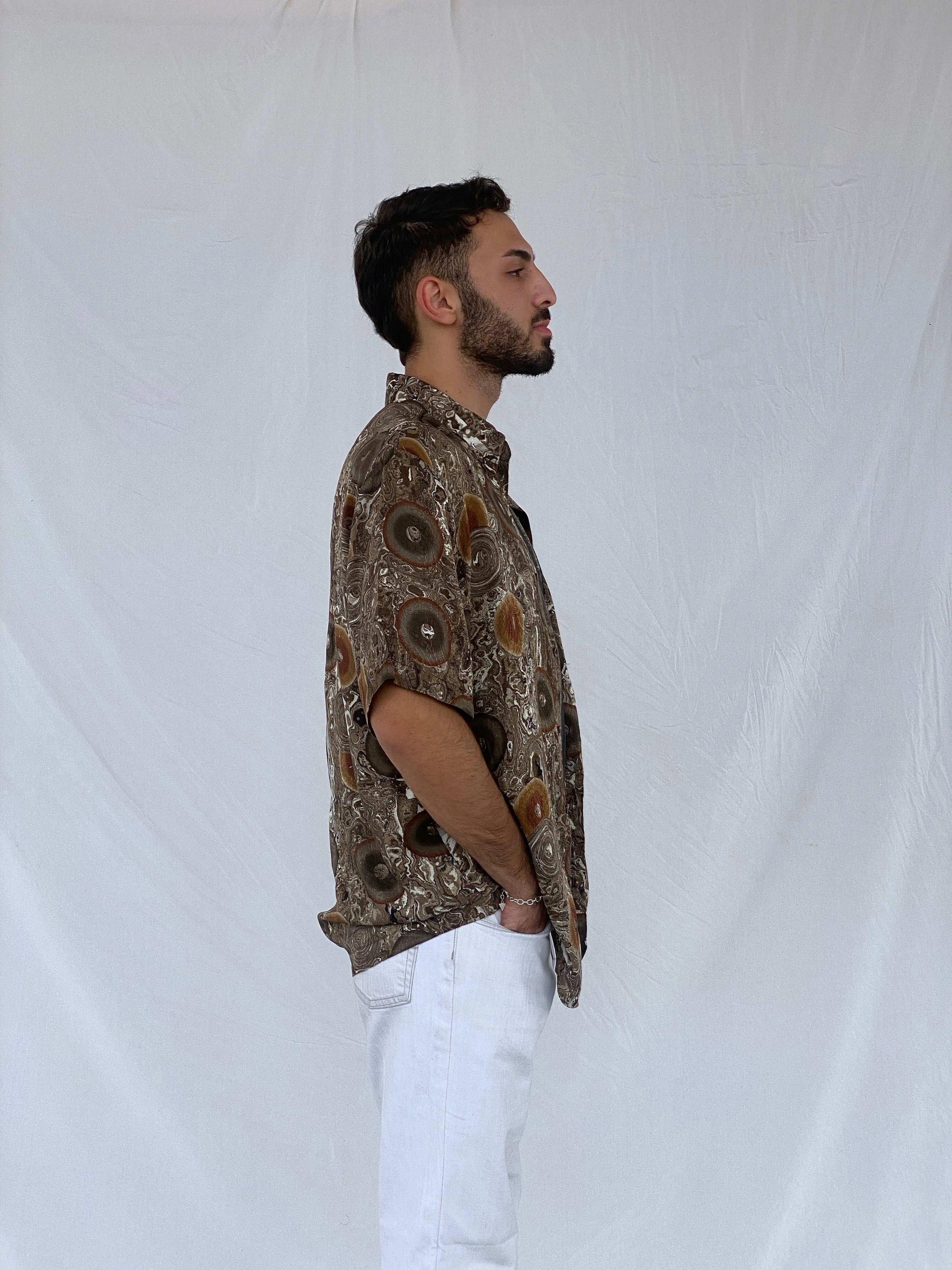 Vintage Alan Stuart Brown Swirly Silk Shirt Size L - Balagan Vintage Half Sleeve Shirt 90s, Awsam, half sleeve shirt, mens shirt, printed shirt, printed silk shirt, silk shirt