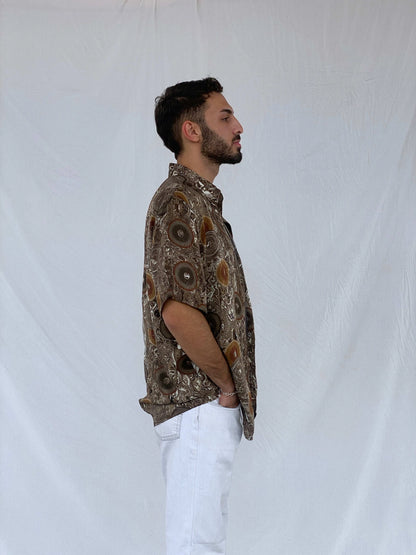 Vintage Alan Stuart Brown Swirly Silk Shirt Size L - Balagan Vintage Half Sleeve Shirt 90s, Awsam, half sleeve shirt, mens shirt, printed shirt, printed silk shirt, silk shirt