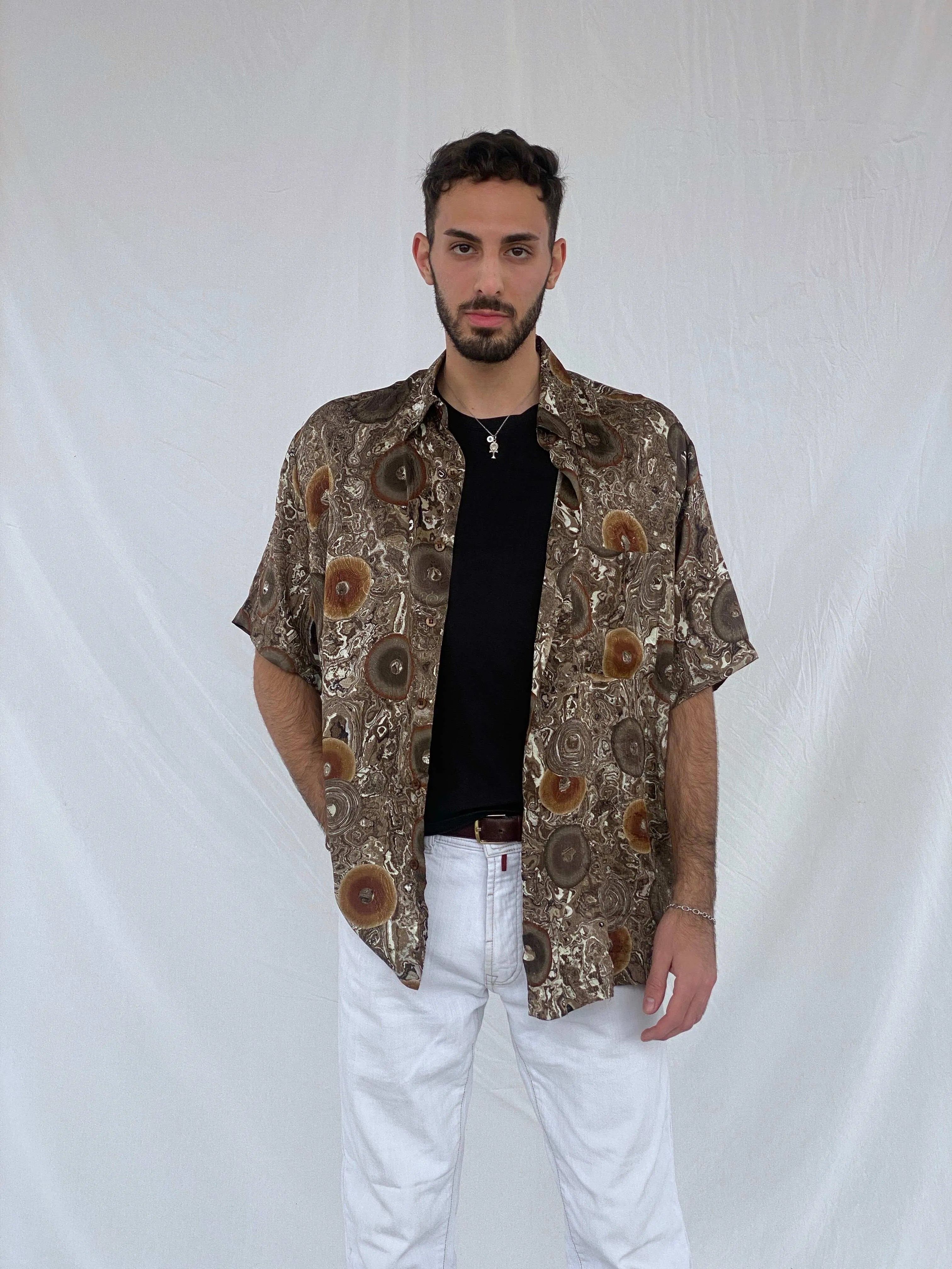 Vintage Alan Stuart Brown Swirly Silk Shirt Size L - Balagan Vintage Half Sleeve Shirt 90s, Awsam, half sleeve shirt, mens shirt, printed shirt, printed silk shirt, silk shirt