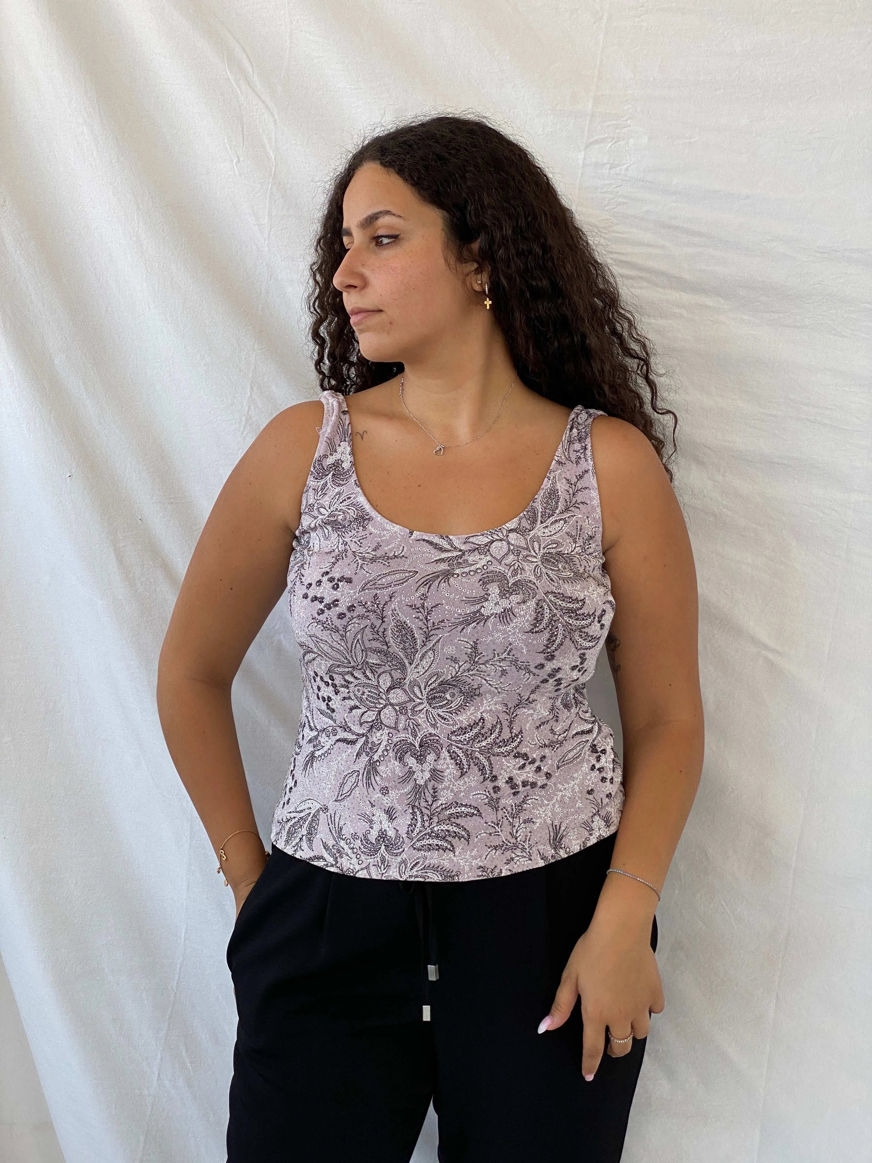 Vintage Alex Evenings Glittery Pink Floral Top - M - Balagan Vintage Sleeveless Top 00s, 90s, Dina, sleeveless top