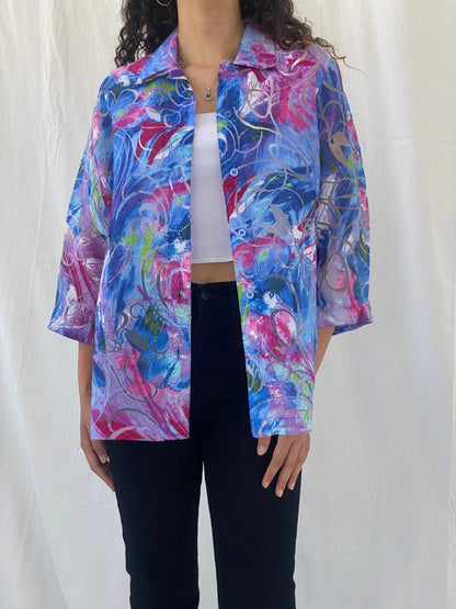 Vintage ALIA Floral Blue Pink Sheer Women’s 3/4 Sleeve Shirt - M - Balagan Vintage Full Sleeve Shirt 00s, Celine, floral shirt, sheer, sheer shirt, women shirt