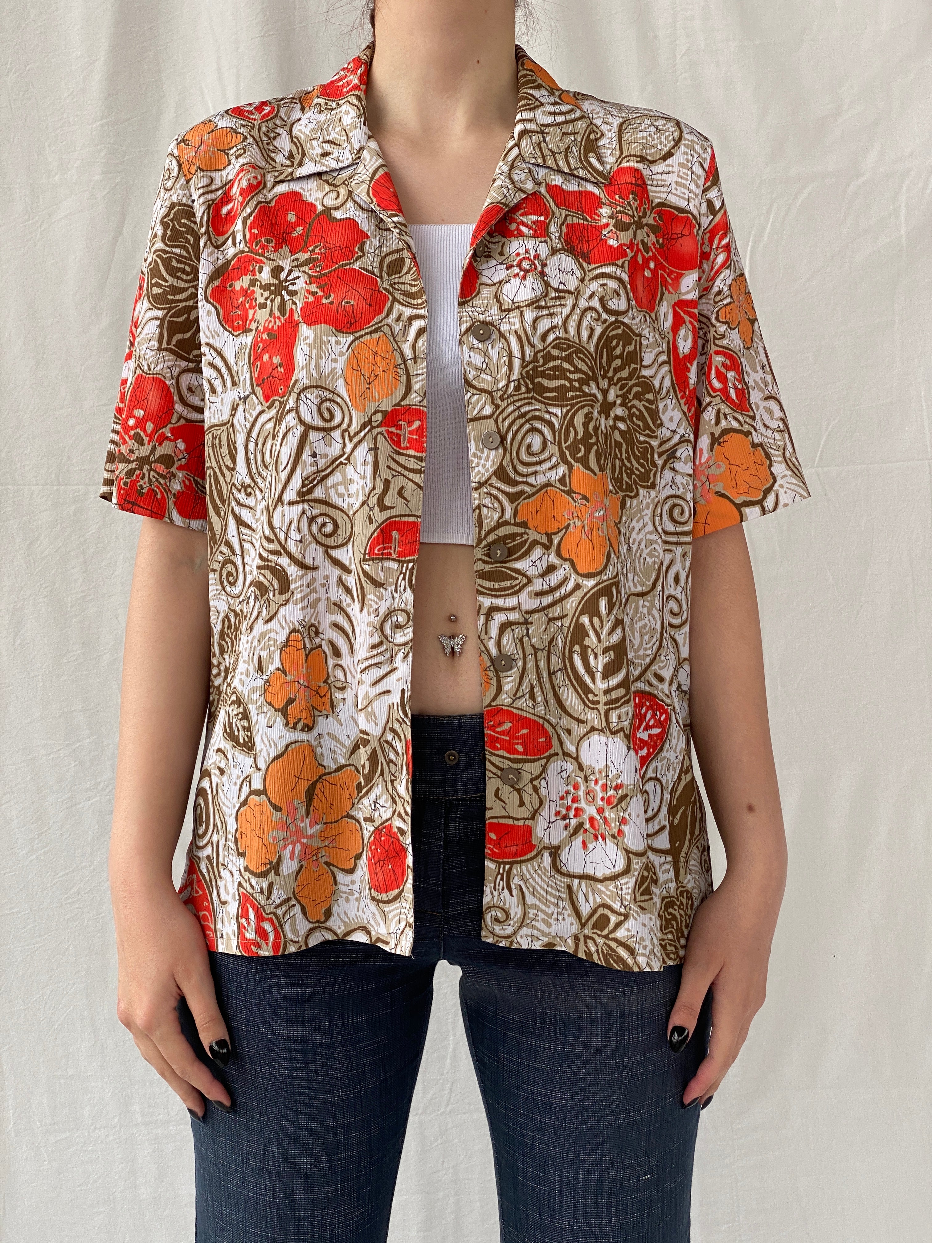 Vintage ALIA Orange Floral Women’s Short Sleeve Button Up Hawaiian Shirt - M - Balagan Vintage Half Sleeve Top 00s, Ayah, floral, floral print, floral shirt, NEW IN, sheer, sheer shirt, women top