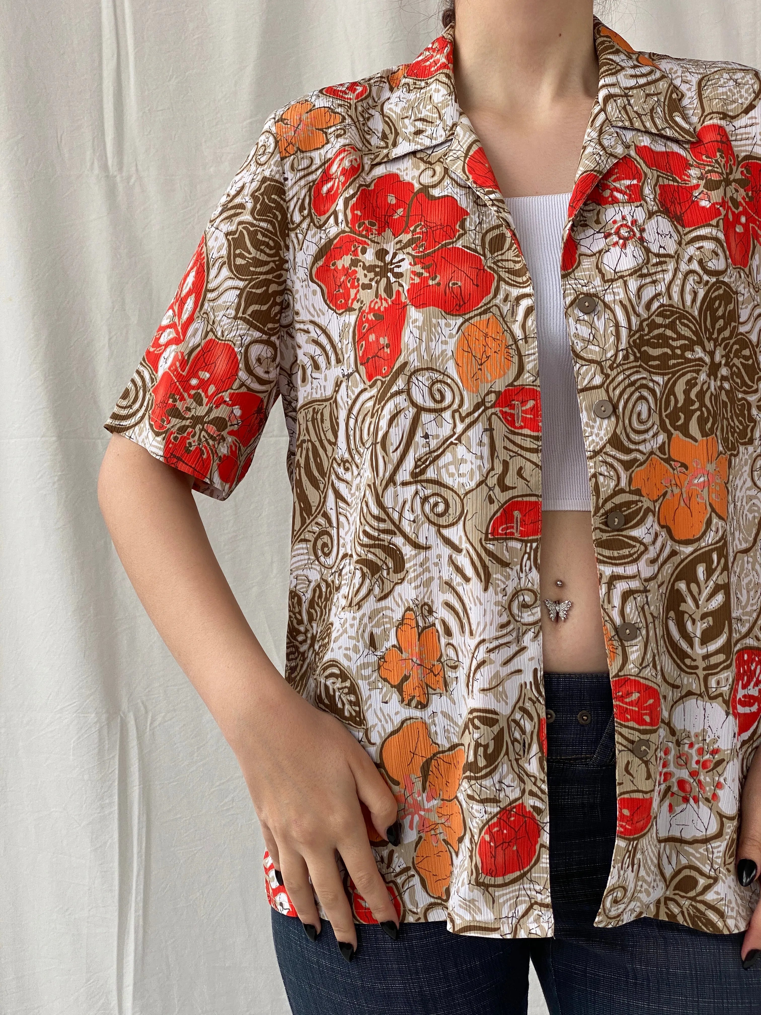 Vintage ALIA Orange Floral Women’s Short Sleeve Button Up Hawaiian Shirt - M - Balagan Vintage Half Sleeve Top 00s, Ayah, floral, floral print, floral shirt, sheer, sheer shirt, women top