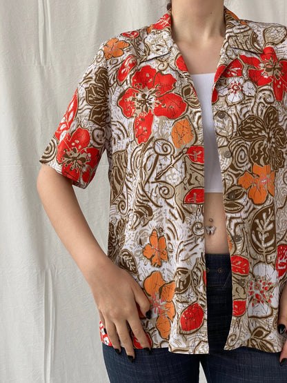 Vintage ALIA Orange Floral Women’s Short Sleeve Button Up Hawaiian Shirt - M - Balagan Vintage Half Sleeve Top 00s, Ayah, floral, floral print, floral shirt, sheer, sheer shirt, women top