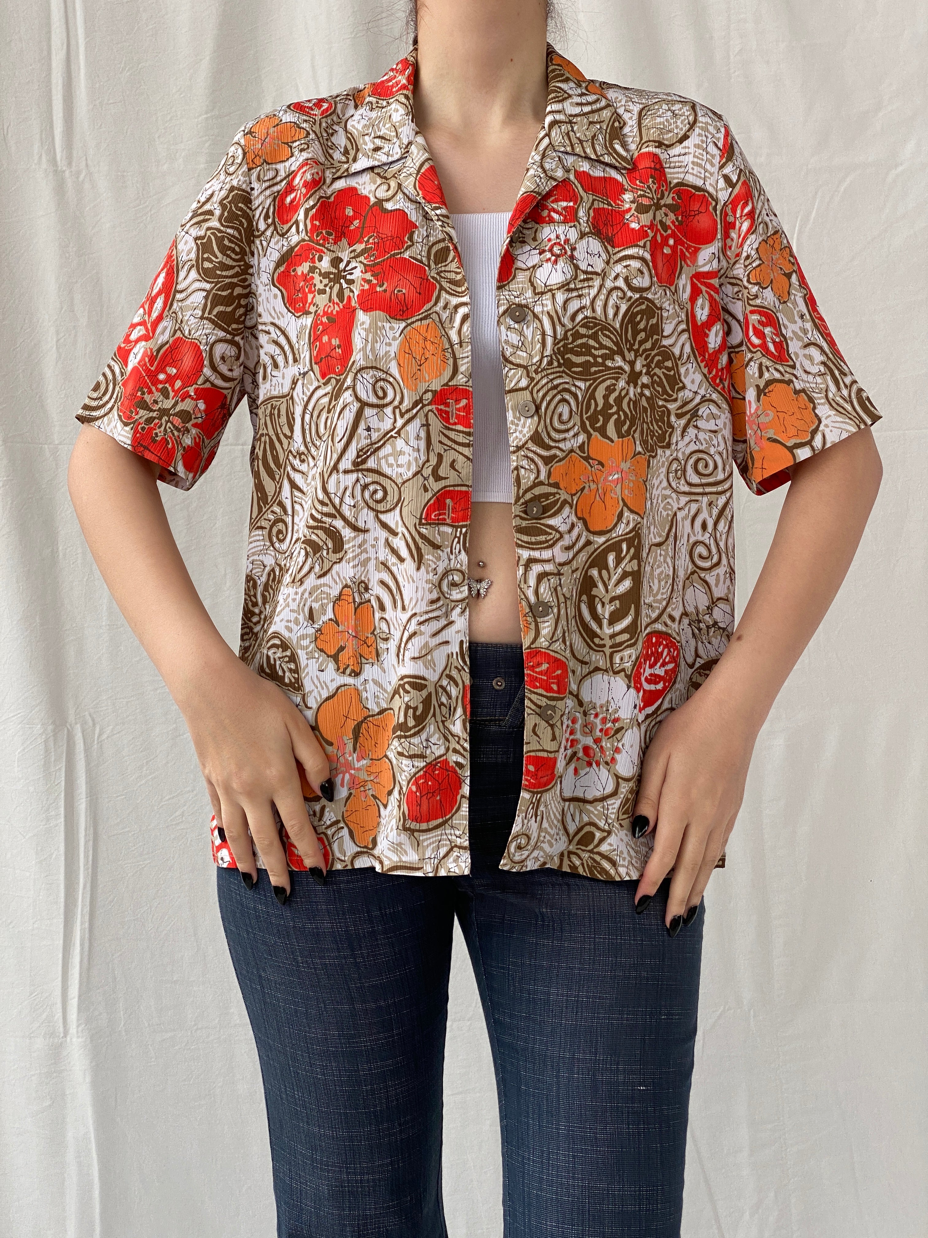 Vintage ALIA Orange Floral Women’s Short Sleeve Button Up Hawaiian Shirt - M - Balagan Vintage Half Sleeve Top 00s, Ayah, floral, floral print, floral shirt, NEW IN, sheer, sheer shirt, women top