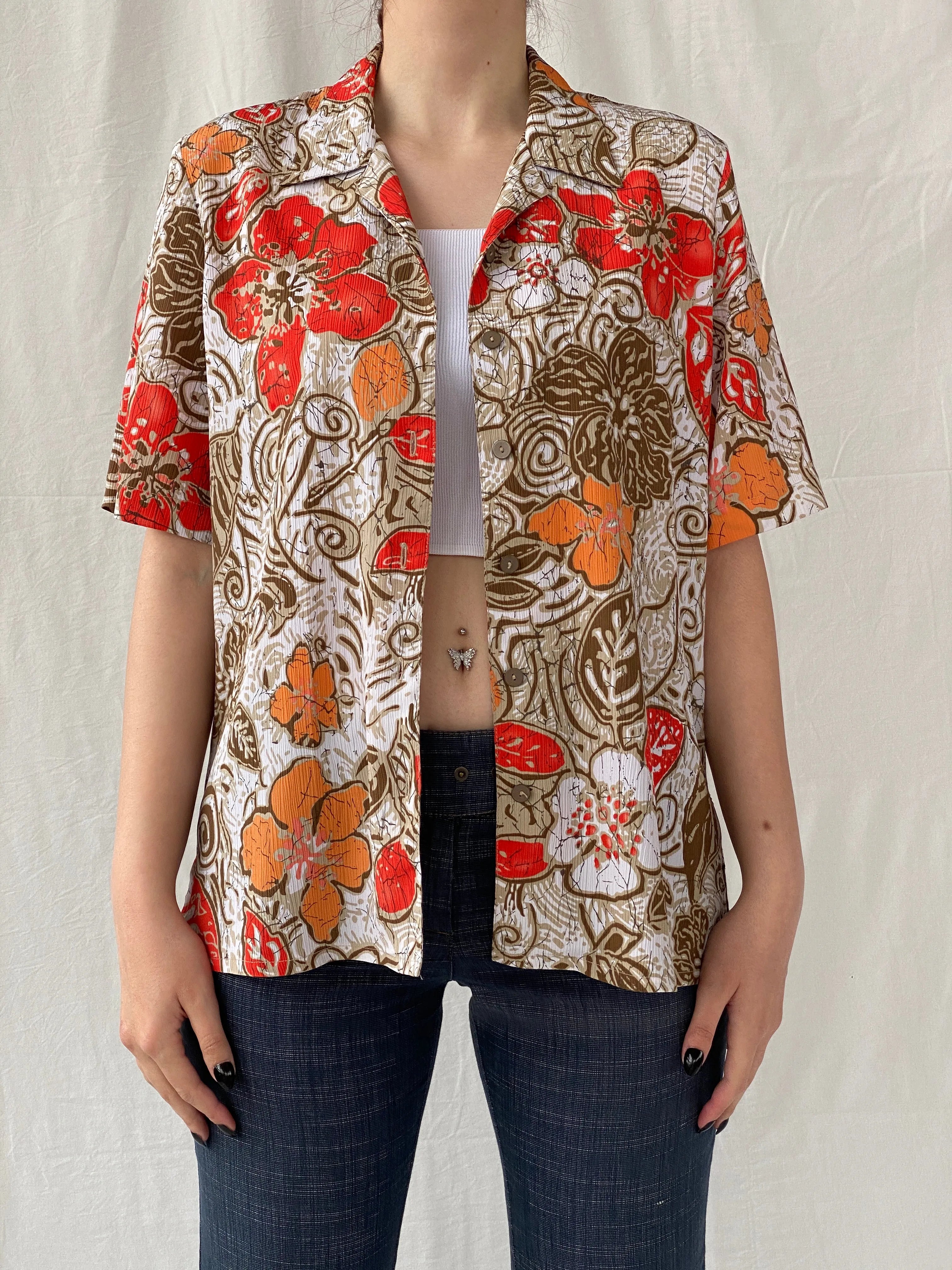 Vintage ALIA Orange Floral Women’s Short Sleeve Button Up Hawaiian Shirt - M - Balagan Vintage Half Sleeve Top 00s, Ayah, floral, floral print, floral shirt, sheer, sheer shirt, women top