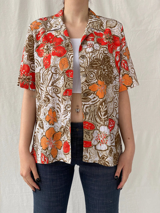 Vintage ALIA Orange Floral Women’s Short Sleeve Button Up Hawaiian Shirt - M - Balagan Vintage Half Sleeve Top 00s, Ayah, floral, floral print, floral shirt, sheer, sheer shirt, women top