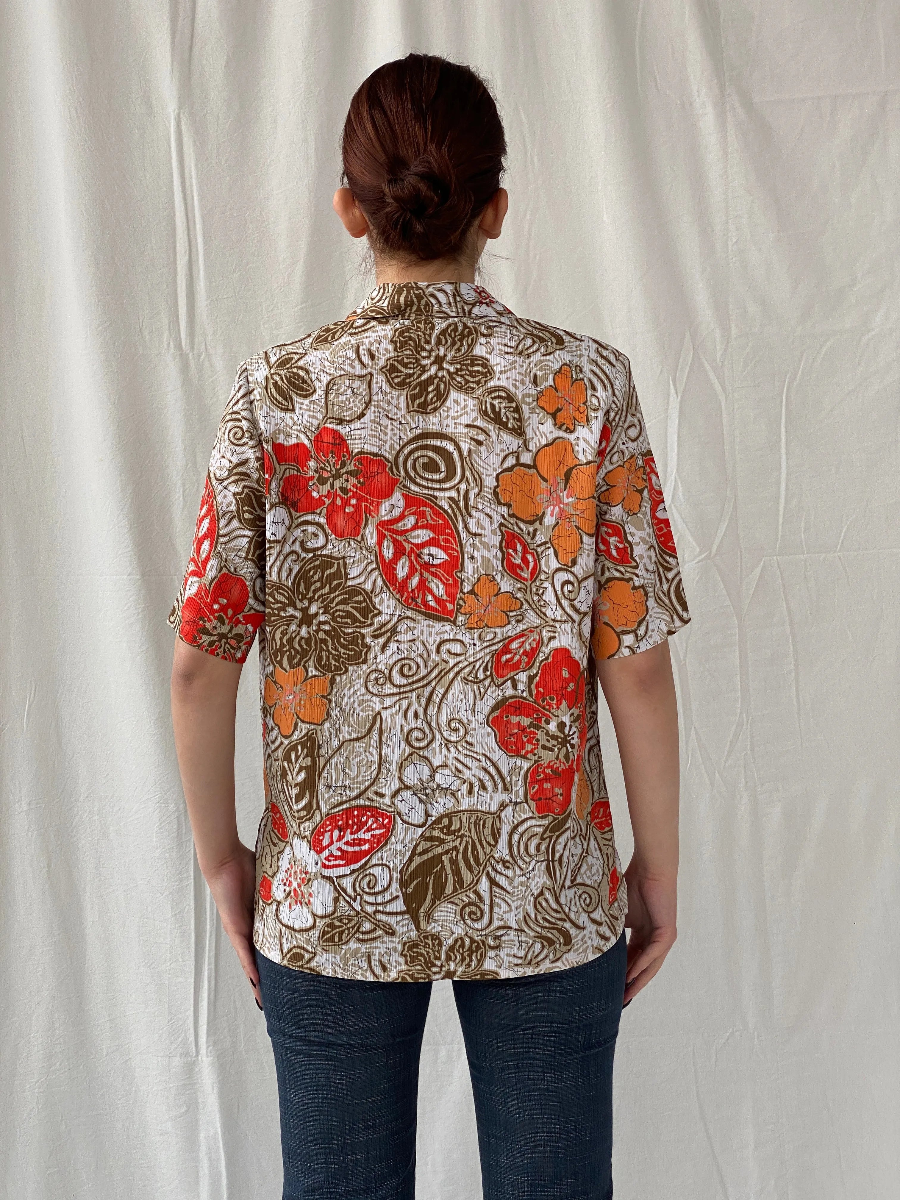 Vintage ALIA Orange Floral Women’s Short Sleeve Button Up Hawaiian Shirt - M - Balagan Vintage Half Sleeve Top 00s, Ayah, floral, floral print, floral shirt, sheer, sheer shirt, women top