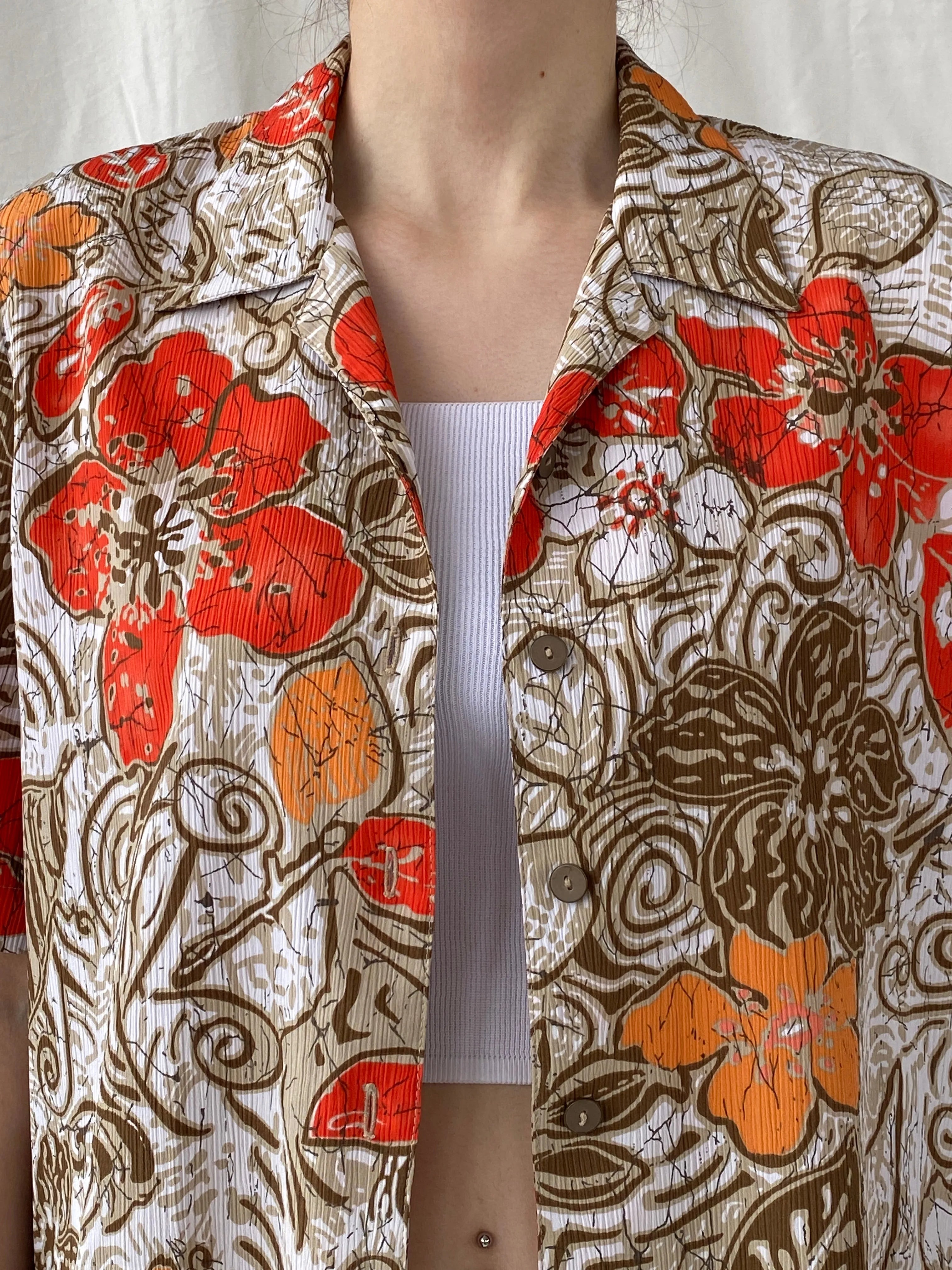 Vintage ALIA Orange Floral Women’s Short Sleeve Button Up Hawaiian Shirt - M - Balagan Vintage Half Sleeve Top 00s, Ayah, floral, floral print, floral shirt, sheer, sheer shirt, women top