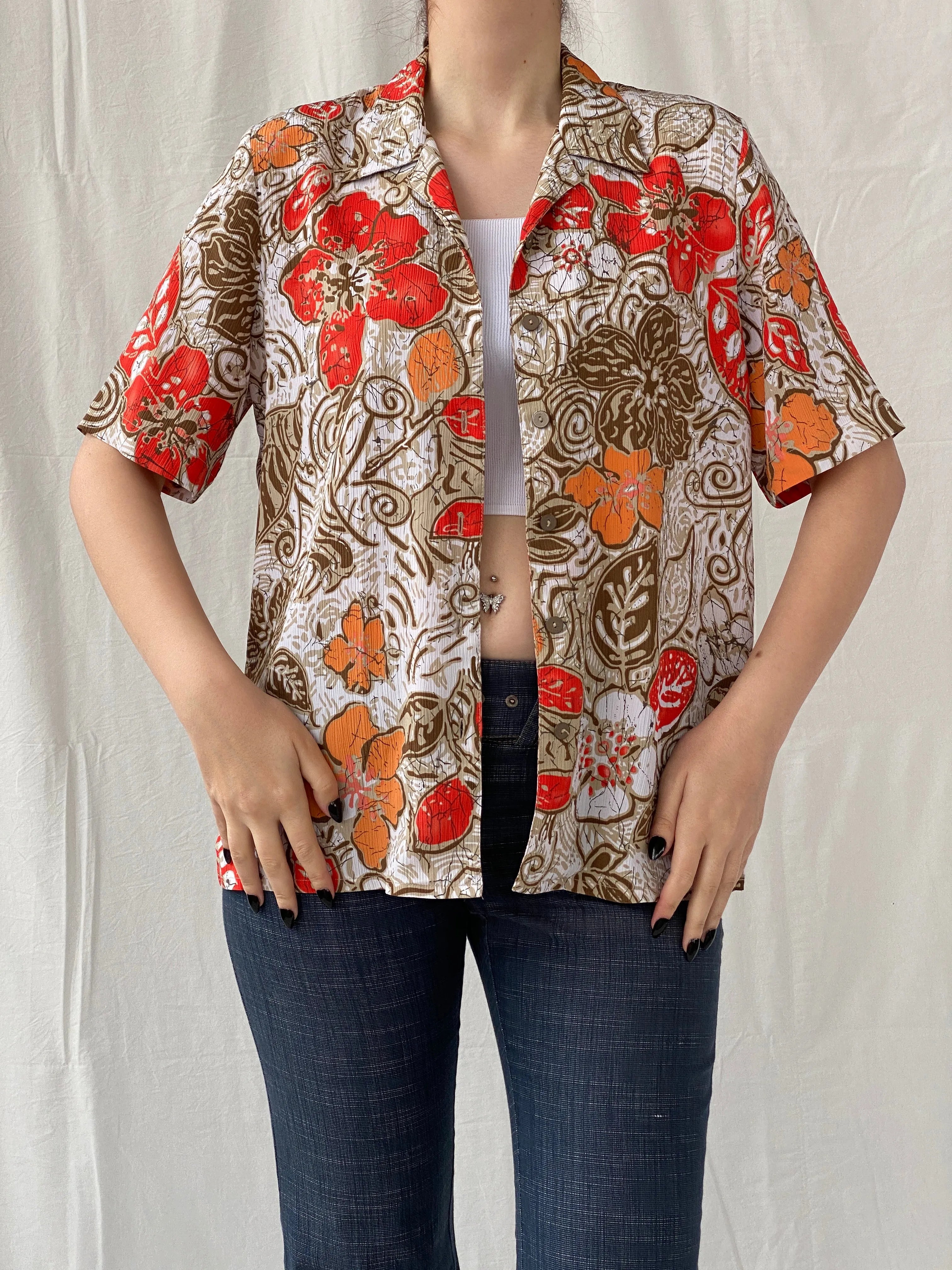Vintage ALIA Orange Floral Women’s Short Sleeve Button Up Hawaiian Shirt - M - Balagan Vintage Half Sleeve Top 00s, Ayah, floral, floral print, floral shirt, sheer, sheer shirt, women top