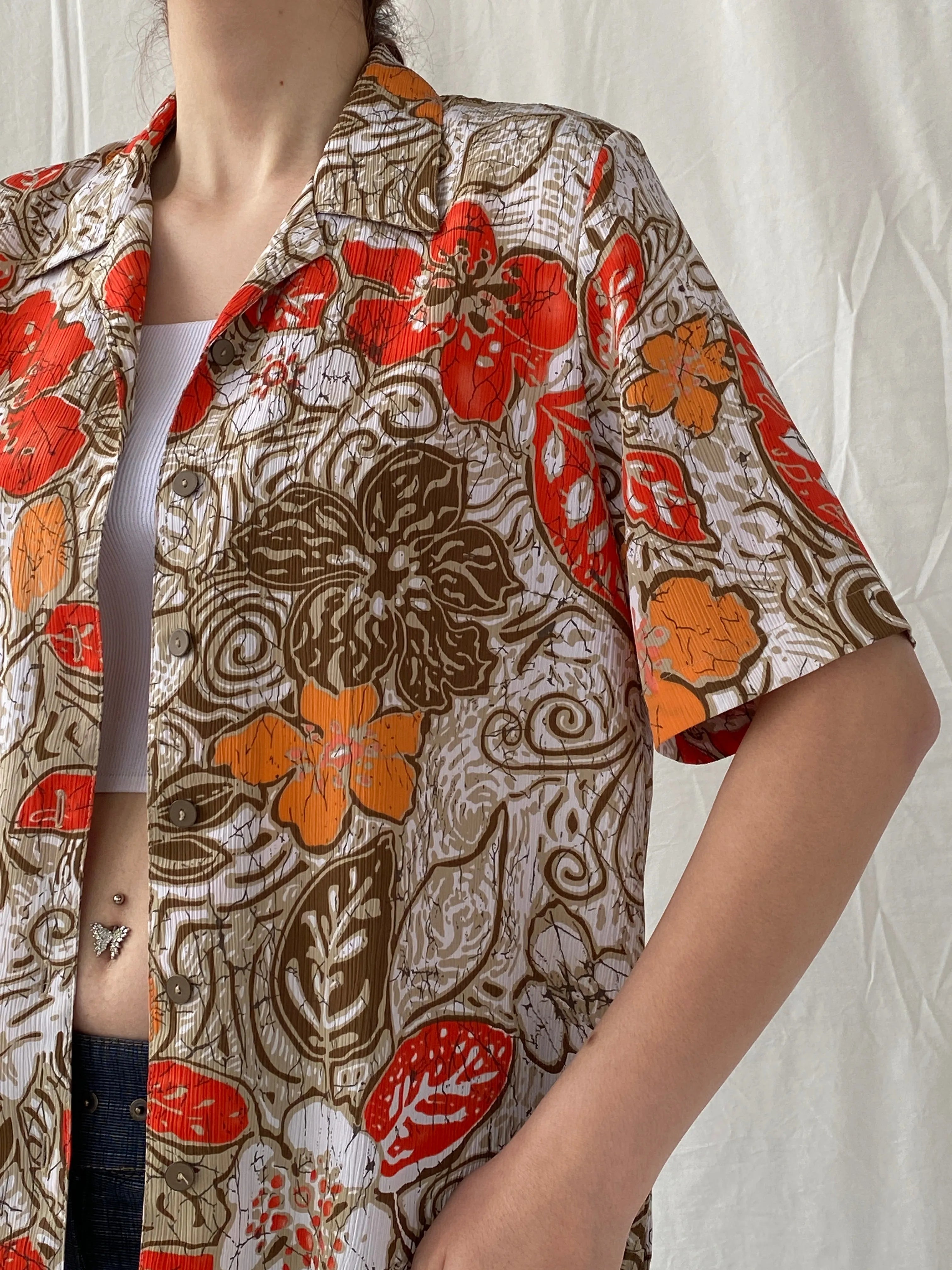 Vintage ALIA Orange Floral Women’s Short Sleeve Button Up Hawaiian Shirt - M - Balagan Vintage Half Sleeve Top 00s, Ayah, floral, floral print, floral shirt, sheer, sheer shirt, women top