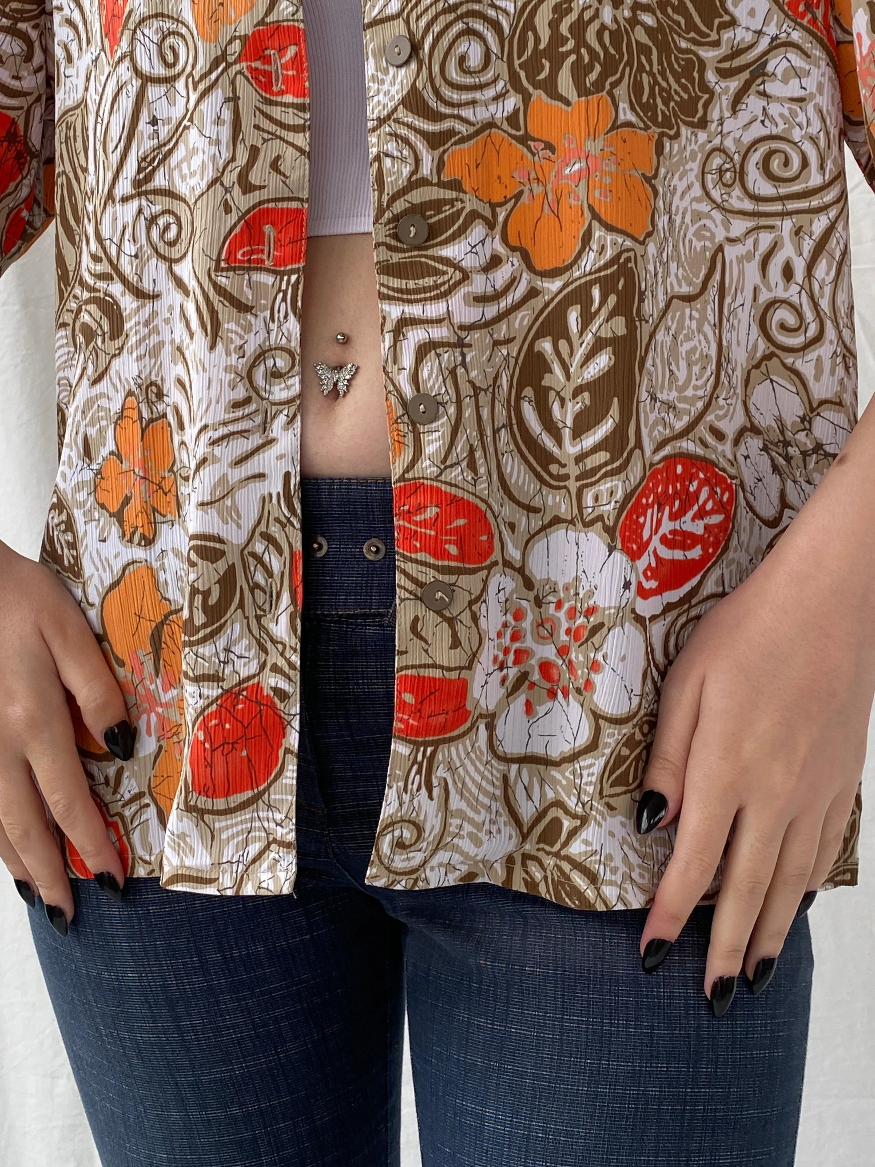 Vintage ALIA Orange Floral Women’s Short Sleeve Button Up Hawaiian Shirt - M - Balagan Vintage Half Sleeve Top 00s, Ayah, floral, floral print, floral shirt, sheer, sheer shirt, women top