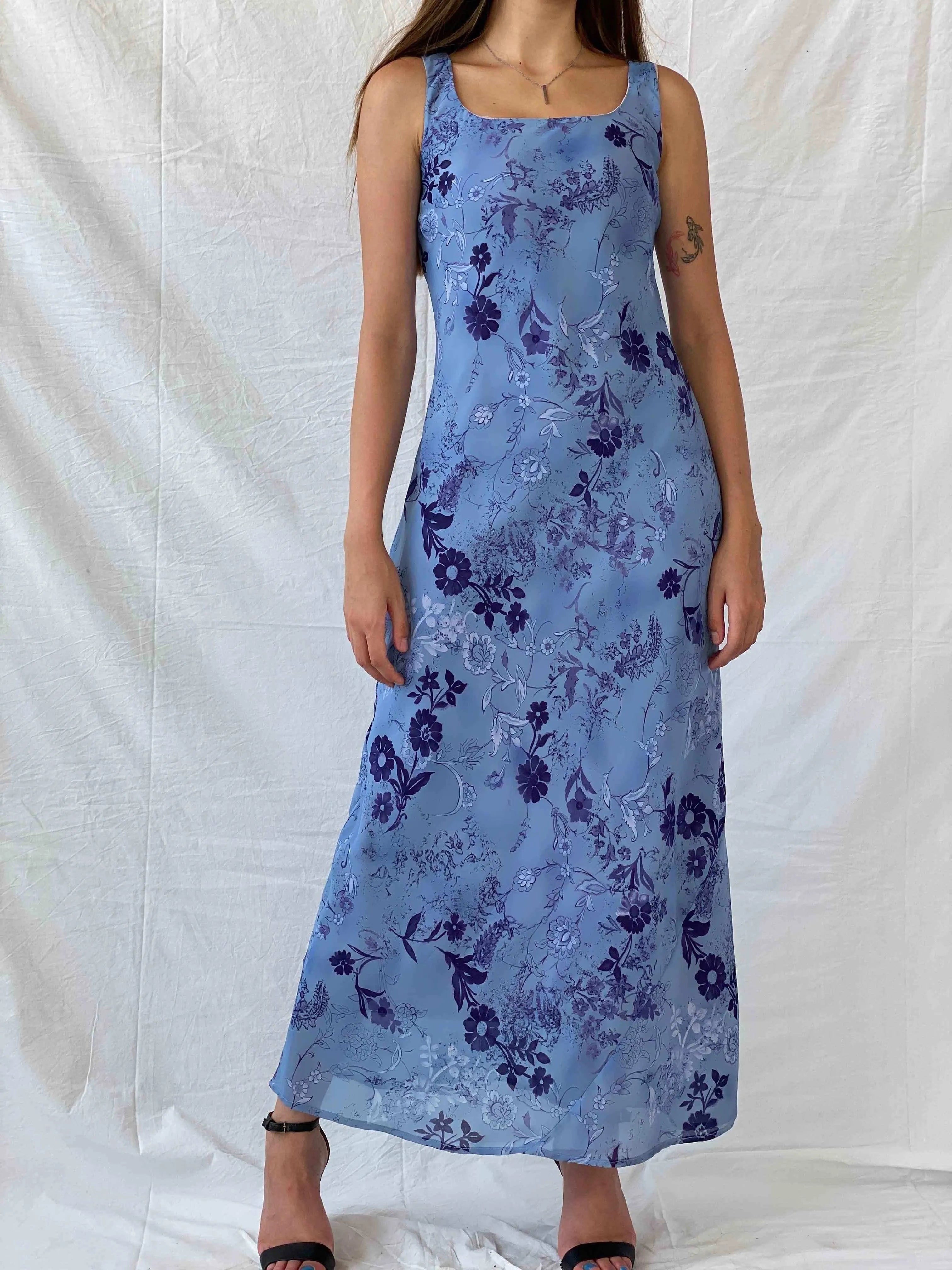Vintage All That Jazz Blue & Navy Floral Sleeveless Maxi Dress - S - Balagan Vintage Maxi Dress 00s, 90s, maxi dress, Mira, Wedding Guest