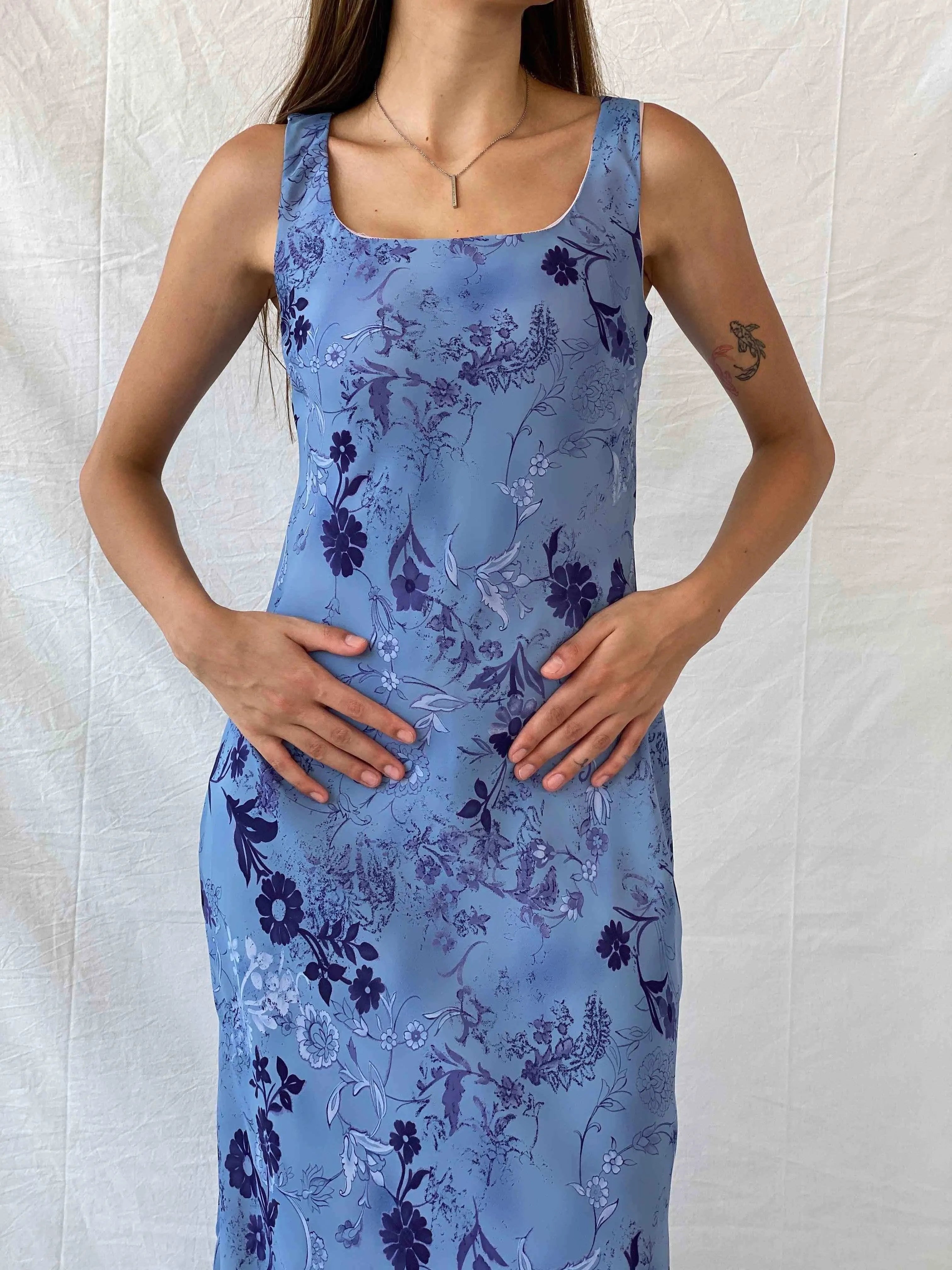 Vintage All That Jazz Blue & Navy Floral Sleeveless Maxi Dress - S - Balagan Vintage Maxi Dress 00s, 90s, Deals, maxi dress, Mira, Wedding Guest