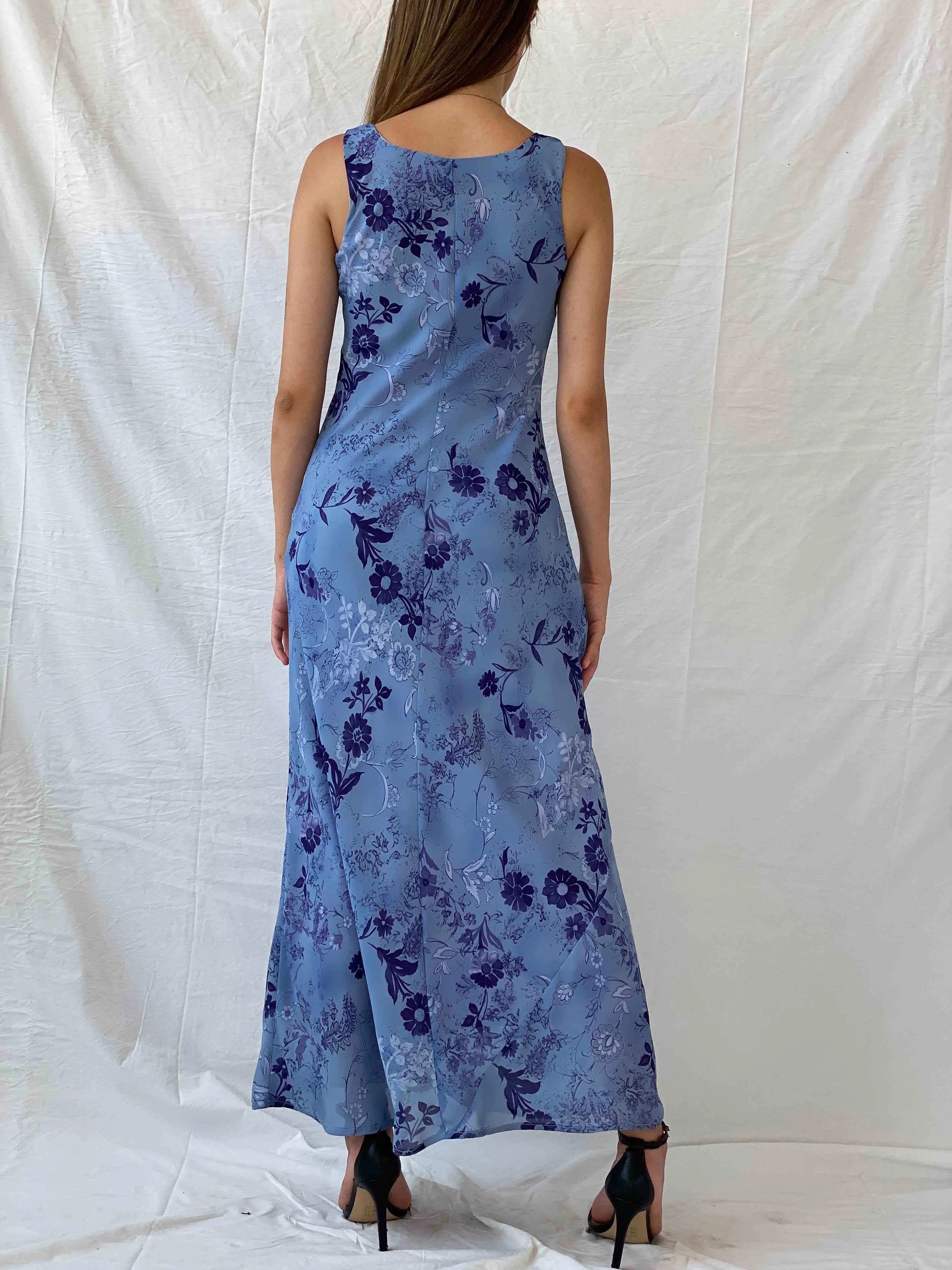 Vintage All That Jazz Blue & Navy Floral Sleeveless Maxi Dress - S - Balagan Vintage Maxi Dress 00s, 90s, Deals, maxi dress, Mira, Wedding Guest