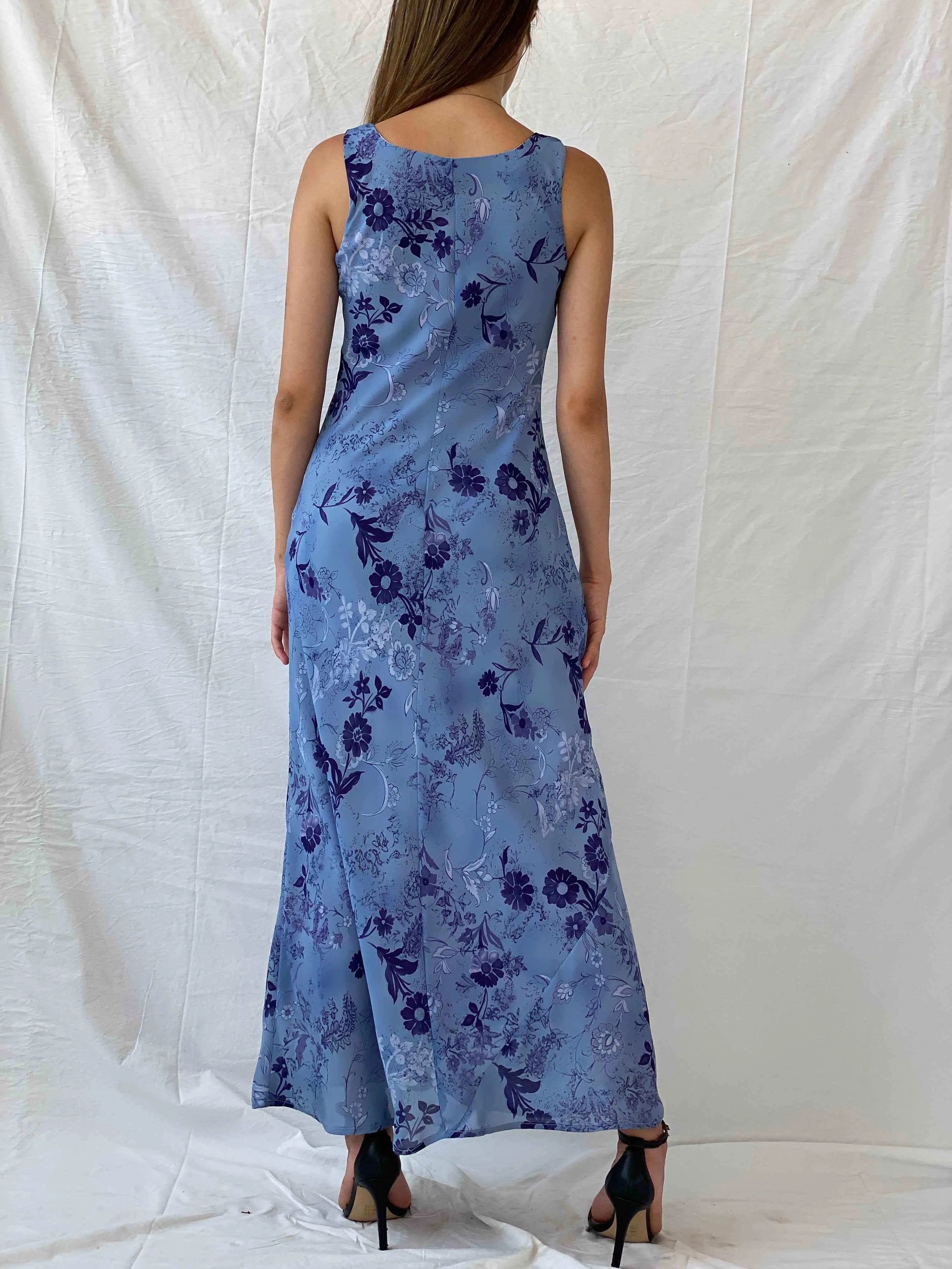 Vintage All That Jazz Blue & Navy Floral Sleeveless Maxi Dress - S - Balagan Vintage Maxi Dress 00s, 90s, Deals, maxi dress, Mira, Wedding Guest