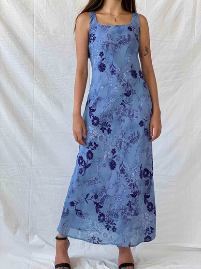 Vintage All That Jazz Blue & Navy Floral Sleeveless Maxi Dress - S - Balagan Vintage Maxi Dress 00s, 90s, Deals, maxi dress, Mira, Wedding Guest