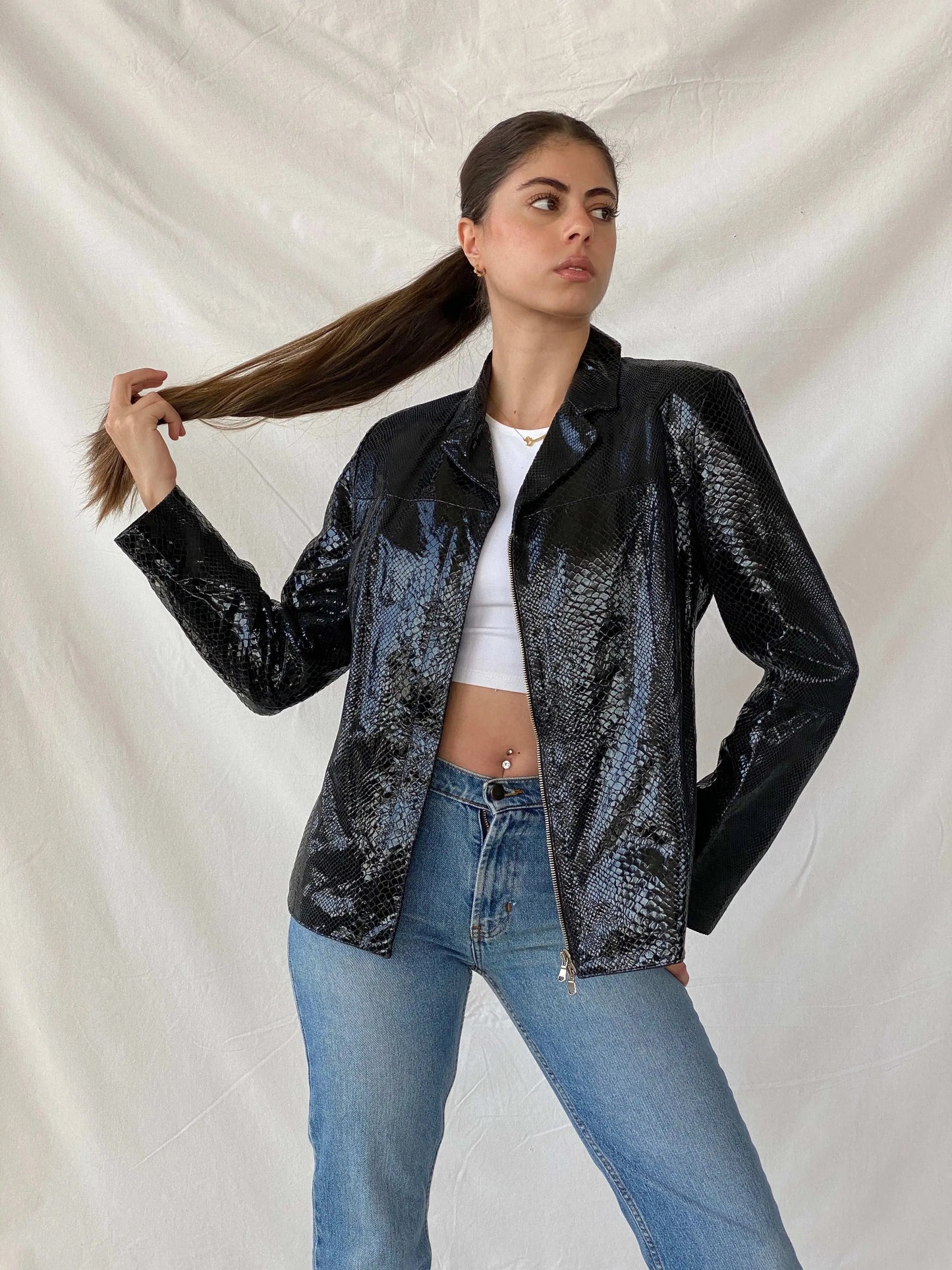 Vintage Alta Moda Firenze Black Snake Skin Leather Jacket - L - Balagan Vintage Leather Jacket 90s, genuine leather jacket, leather jacket, Mira, winter