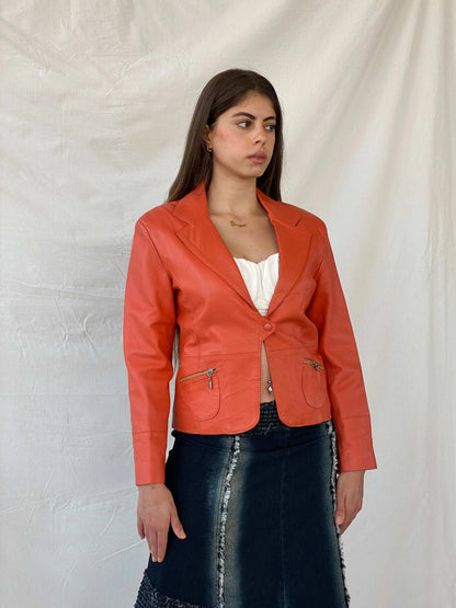 Vintage ALYSSA Orange Genuine Leather Biker Style Blazer - M - Balagan Vintage Leather Jacket 90s, genuine leather jacket, leather jacket, Mira, winter