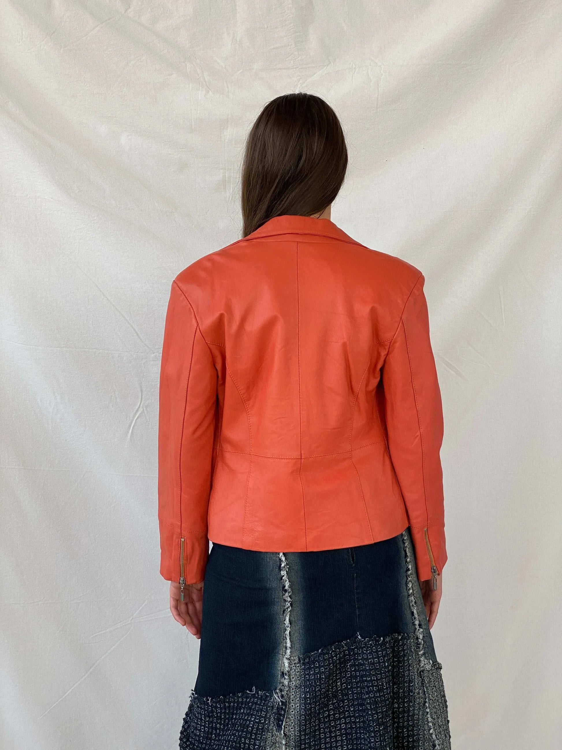 Vintage ALYSSA Orange Genuine Leather Biker Style Blazer - M - Balagan Vintage Leather Jacket 90s, genuine leather jacket, leather jacket, Mira, winter
