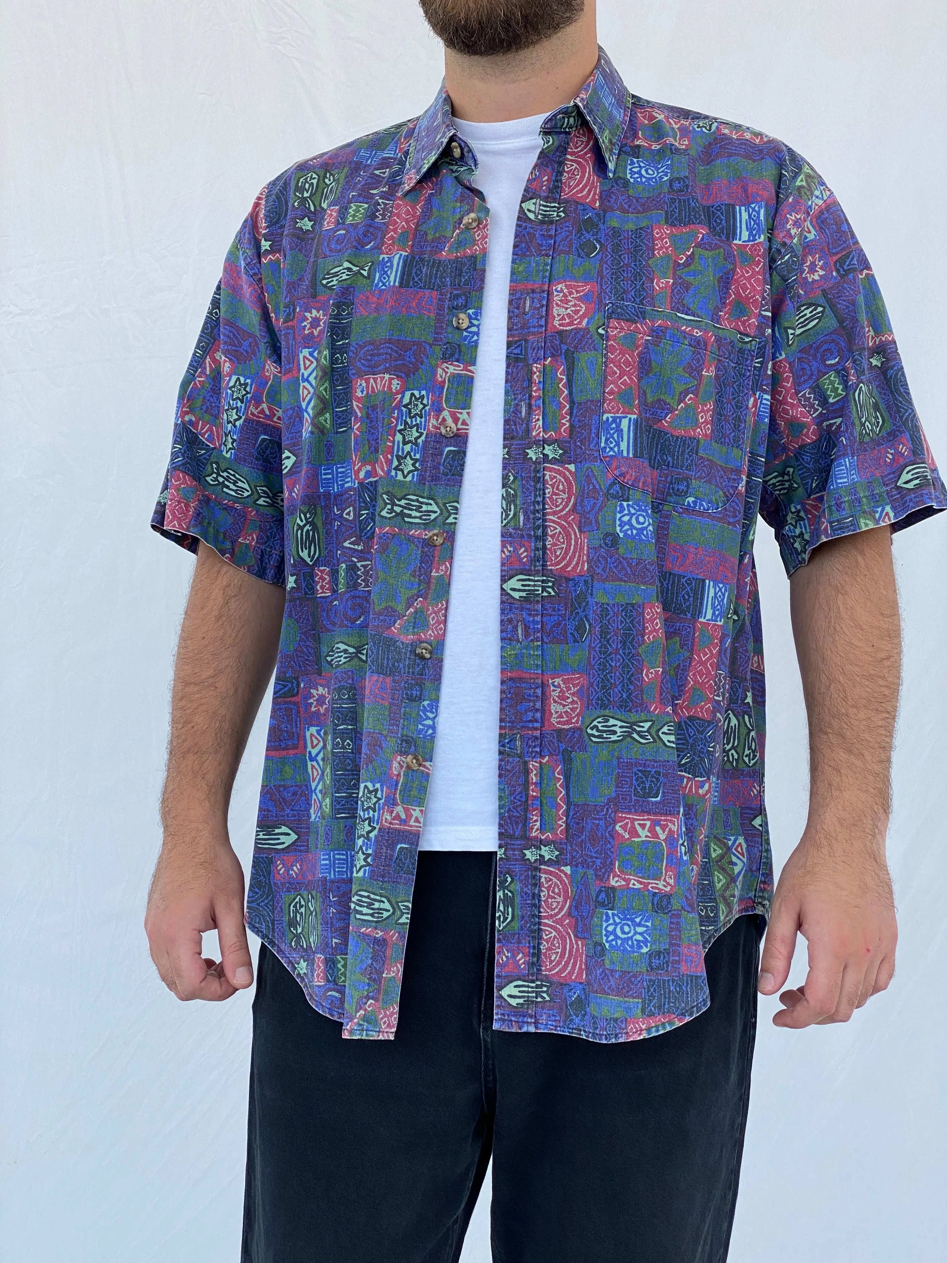 Vintage American Blue Printed Purple Short-Sleeve Cotton Shirt - L - Balagan Vintage Half Sleeve Shirt 90s, half sleeve shirt, Iyad, mens shirt, printed shirt